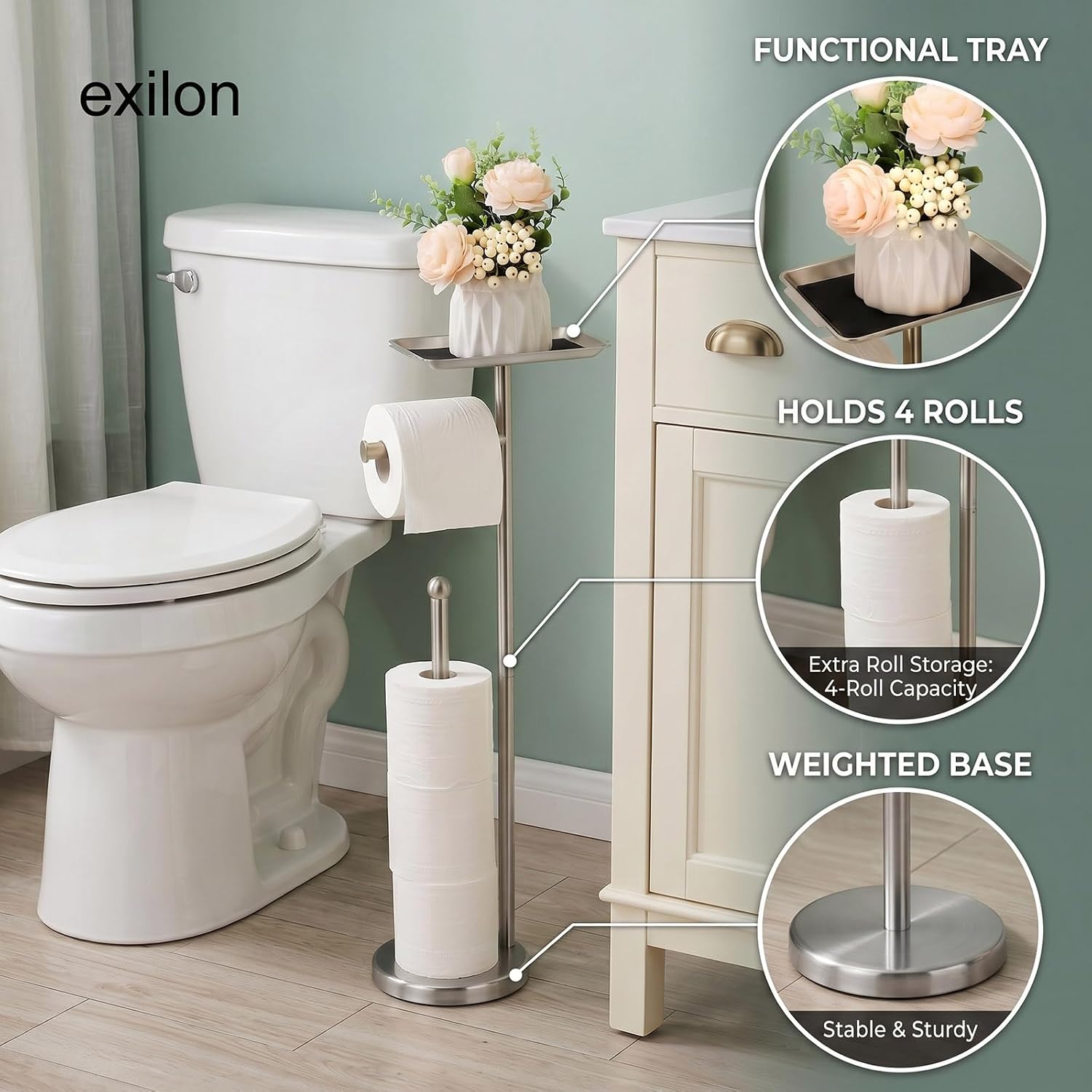 Exilon Toilet Paper Holder Stand for Bathroom Floor Freestanding Toilet Roll Dispenser Storages 4 Reserve Rolls, with