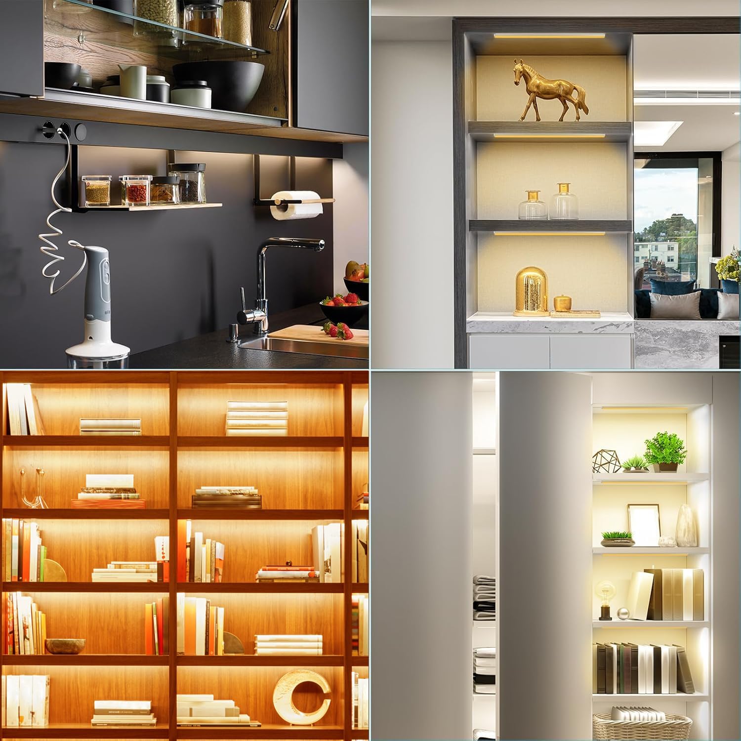 JUSJUBR 4PCS x 12inch Display Cabinet Lights Warm White, Dimmable LED Shelf Lighting with Memory Function, Bookshelf