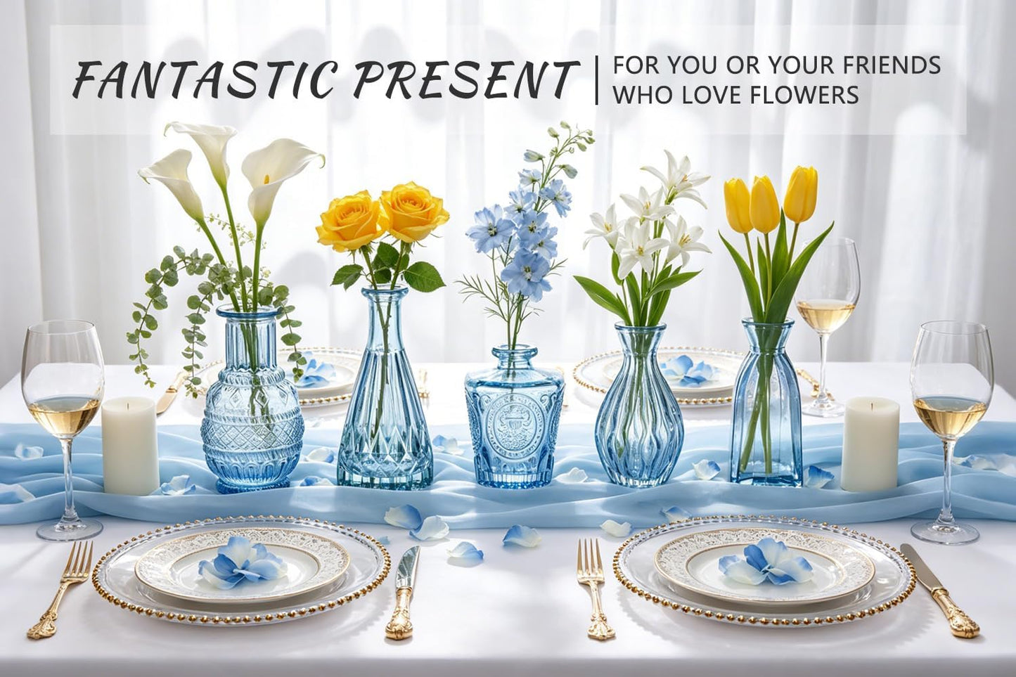 Glass Bud Vase Set / Blue / Set of 6