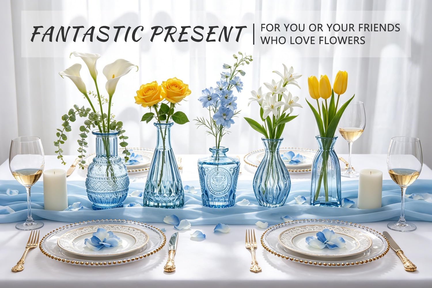 Glass Bud Vase Set / Blue / Set of 6