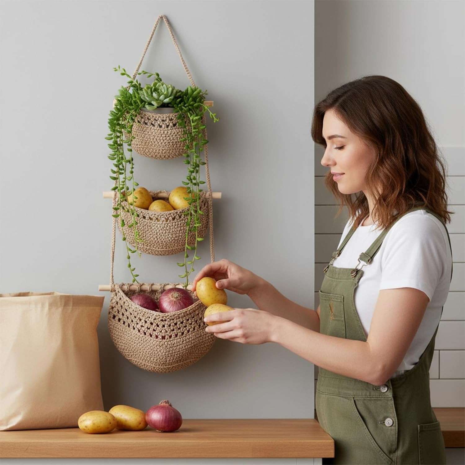 3 Tier Woven Jute Wall Basket for Organizing