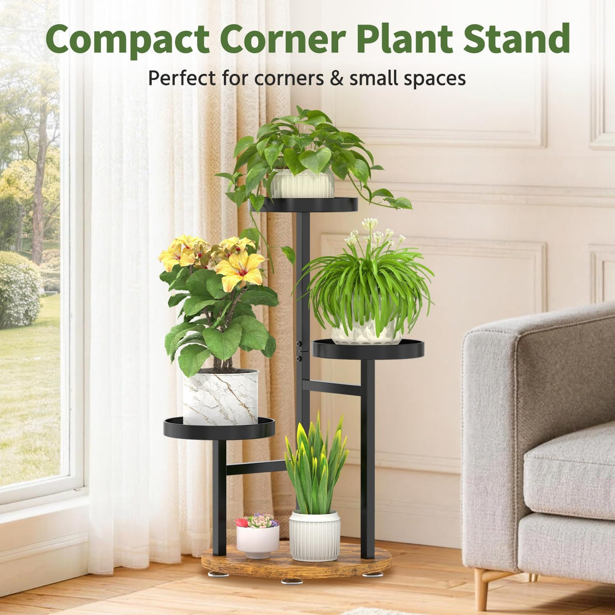 LASZOLA Corner Plant Stand Indoor Flower Shelf Tall, 3 Tiers Metal Black | Heavy Duty Wooden Holder Rack, for Mutiple