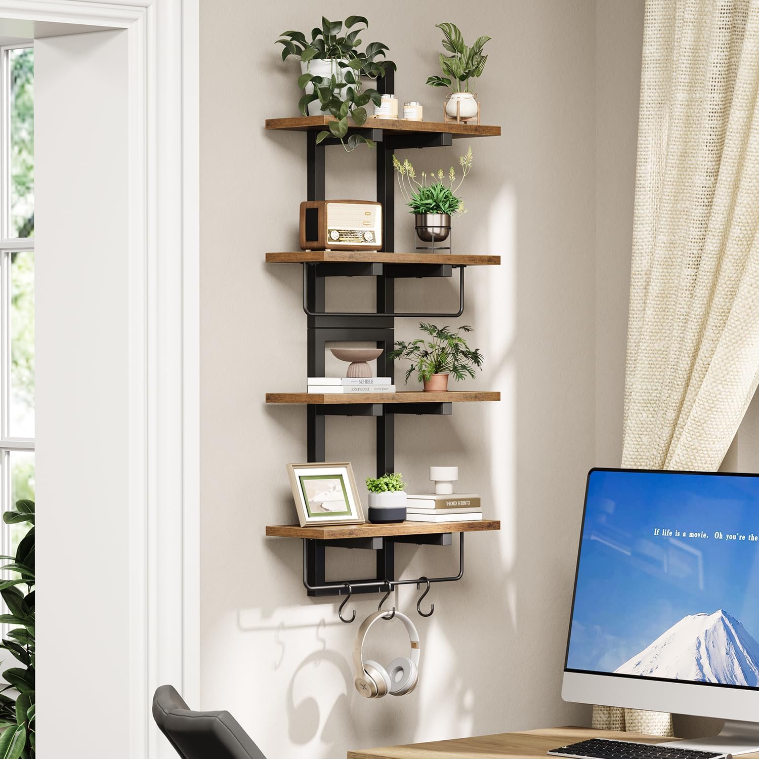 Floating Shelves / 6 Hooks / Rustic Brown + Black / Set of 2