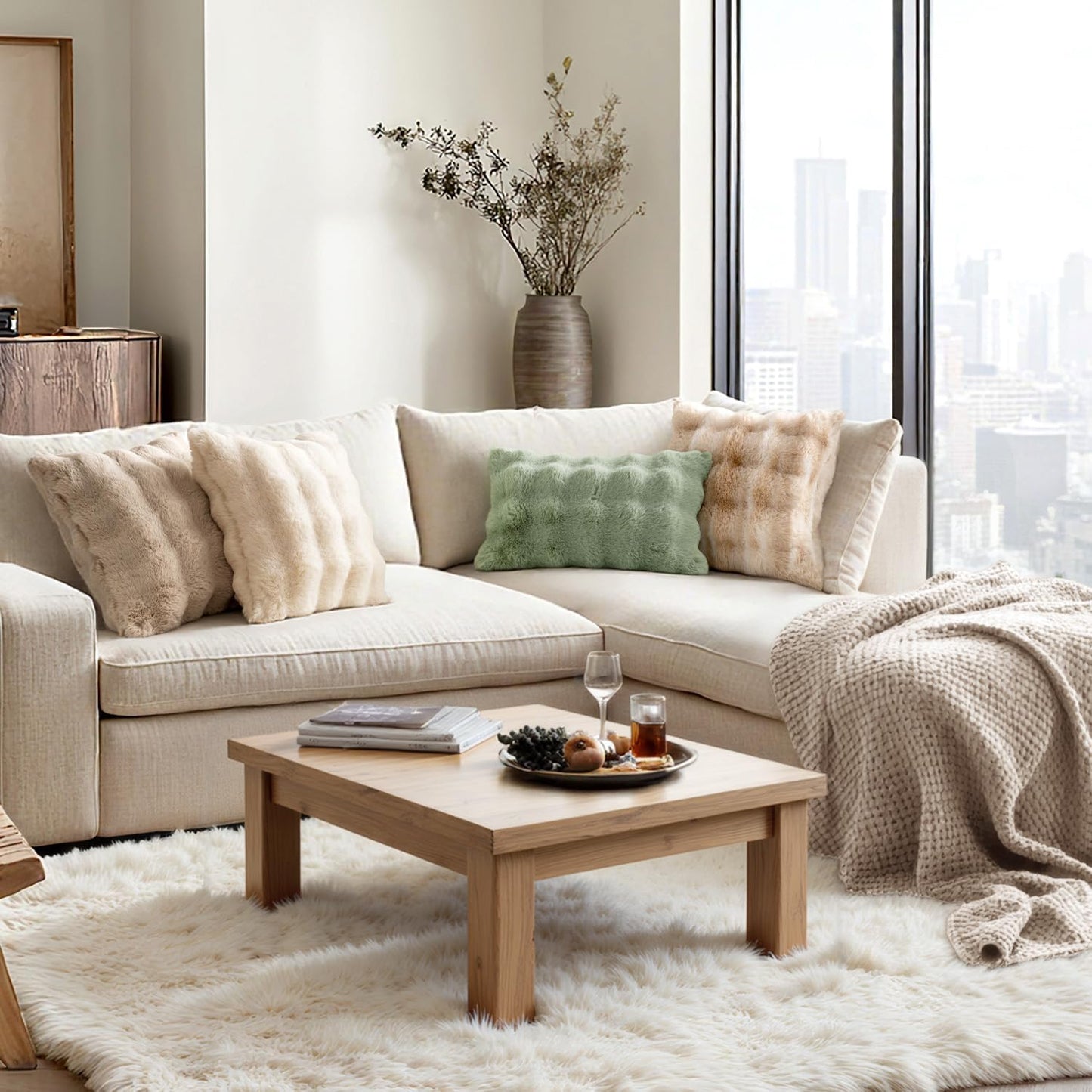 Faux Fur Pillow Covers Thick Soft Plush Throw Pillows Spring Home / 18 x 18 / Sage Green / Set of 2