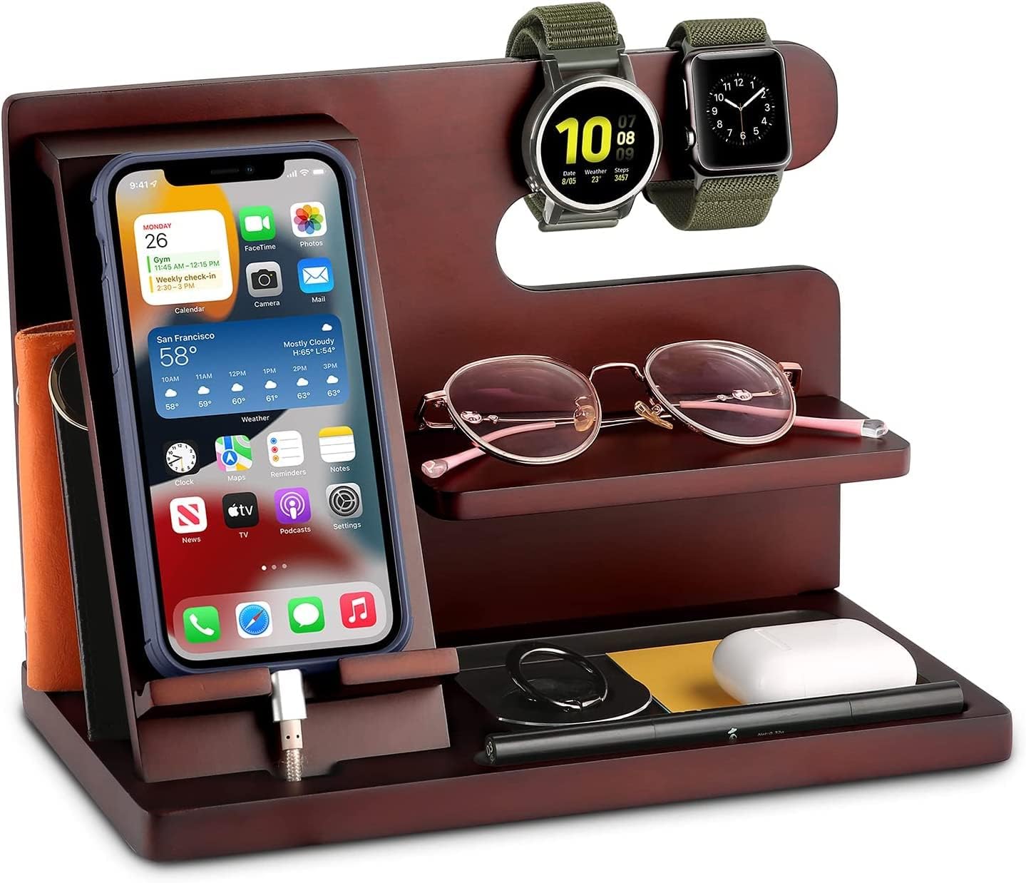 OUTXE Wood Phone Docking Station, Men Gifts Nightstand Organizer for Phone, Keys, Wallet, Glasses, Gifts for Dad's