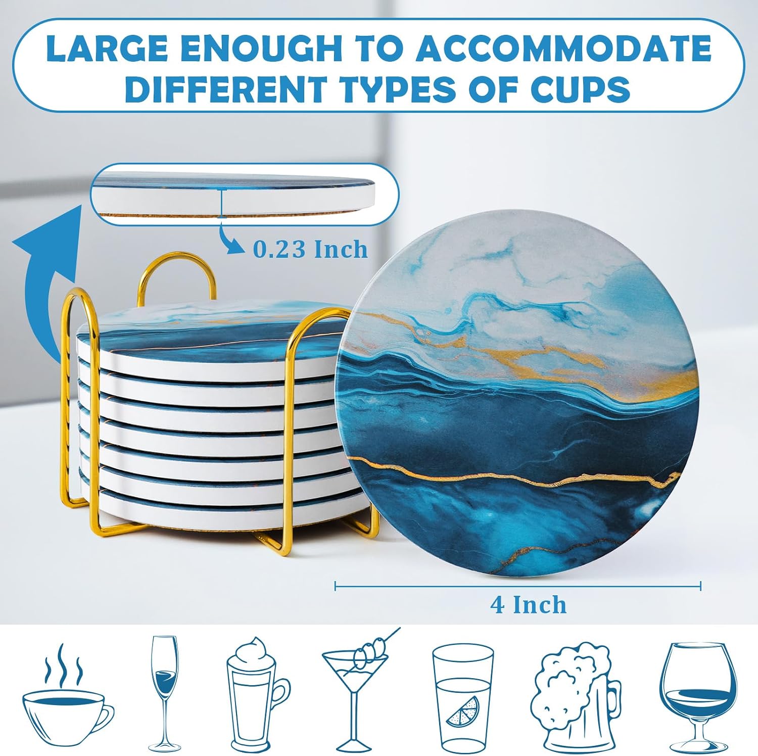 Absorbent Marble Style Ceramic Coaster Tabletop Protection Home Decor / Blue / Set of 8