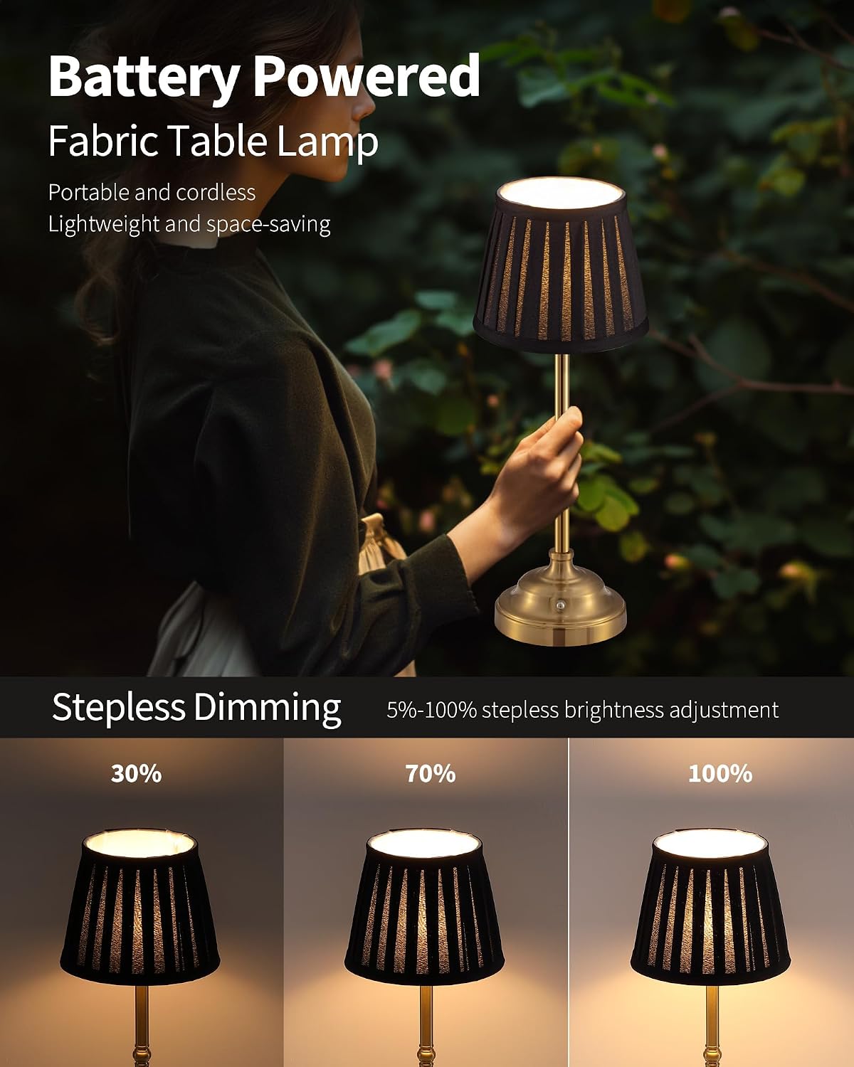 KDG Gold Cordless LED Table Lamps Set of 2, Black Fabric Shade Desk Lamps | Portable 4000mAh Rechargeable Battery