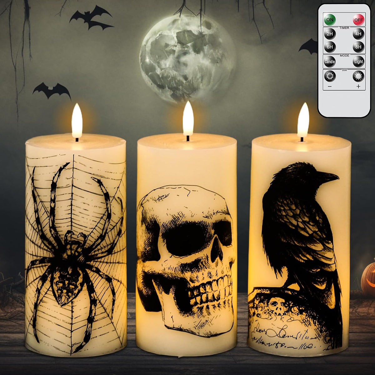 Halloween Skull Flameless Candles Battery Operated Remote Timer