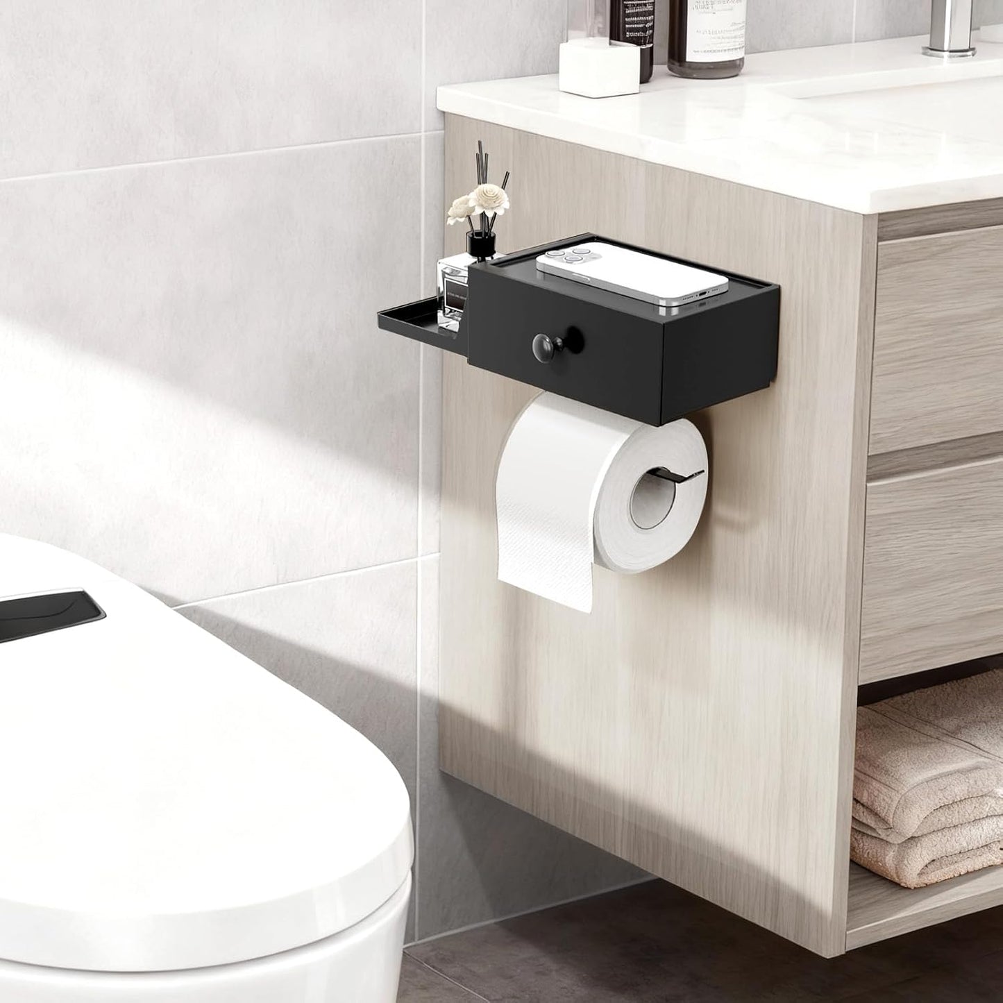 Lifewit Toilet Paper Holder Wall Mount with Shelf & Drawer, Black, 2 Pack | Screw or adhesive installation, sturdy