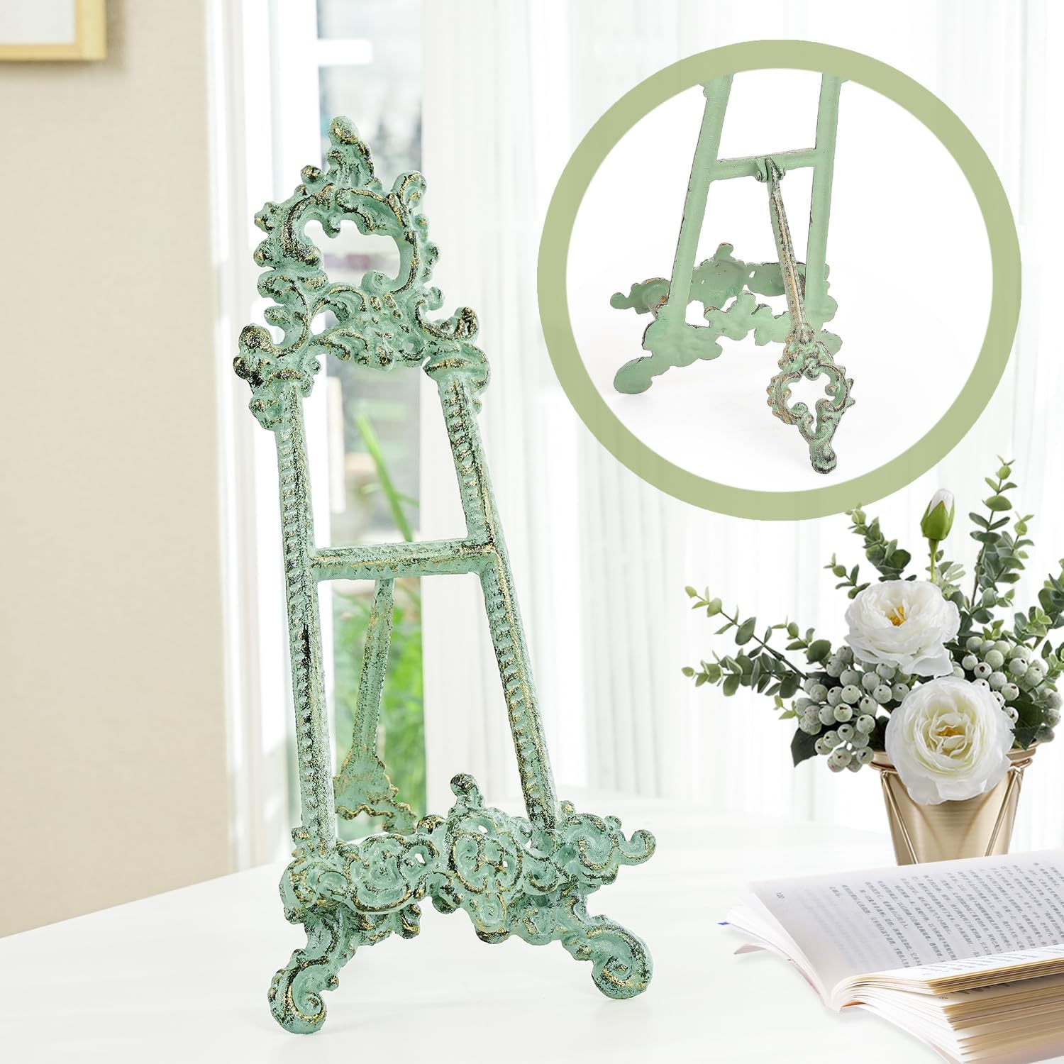 Sungmor Vintage Cast Iron Cookbook Stand, 15.5 Inches Tall Antique Green | Small Ornate Easel Fleur De Lis Stand,Table