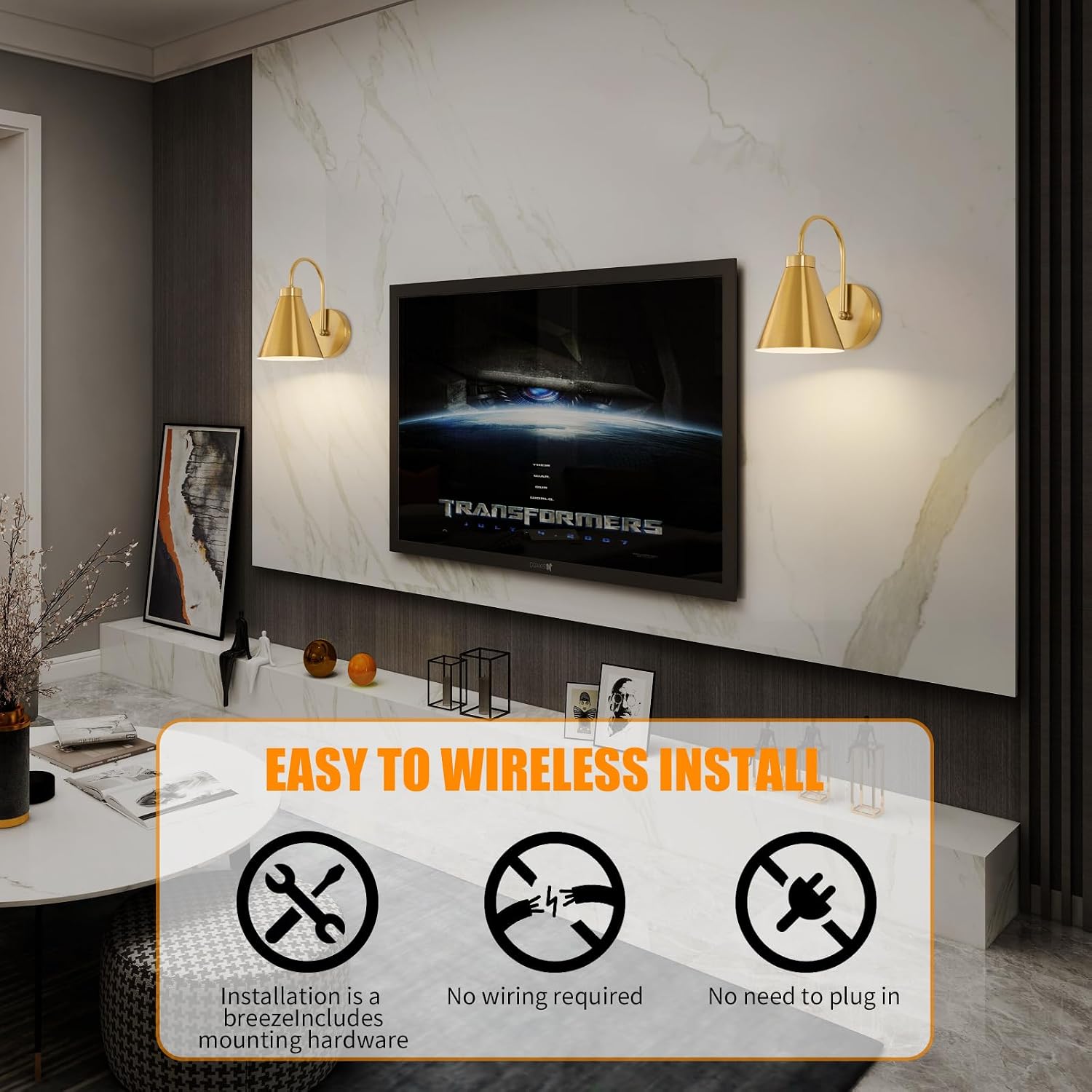 Powfloven Vintage Rechargeable Wall Sconces Set of 2, Gold Battery Operated Bedside Wall Lamps with Remote Control