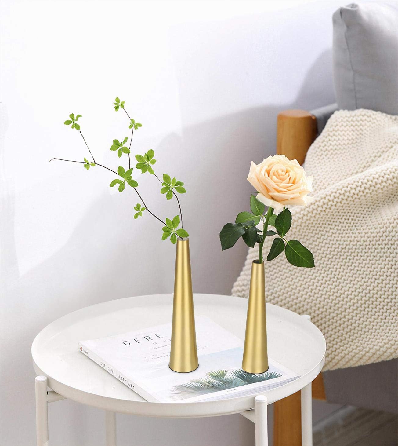 Vixdonos 10.5/8.5 inch Gold Metal Vase Small Dried Flower Vase Set of 2 Taper Vase for Wedding Table Centerpiece