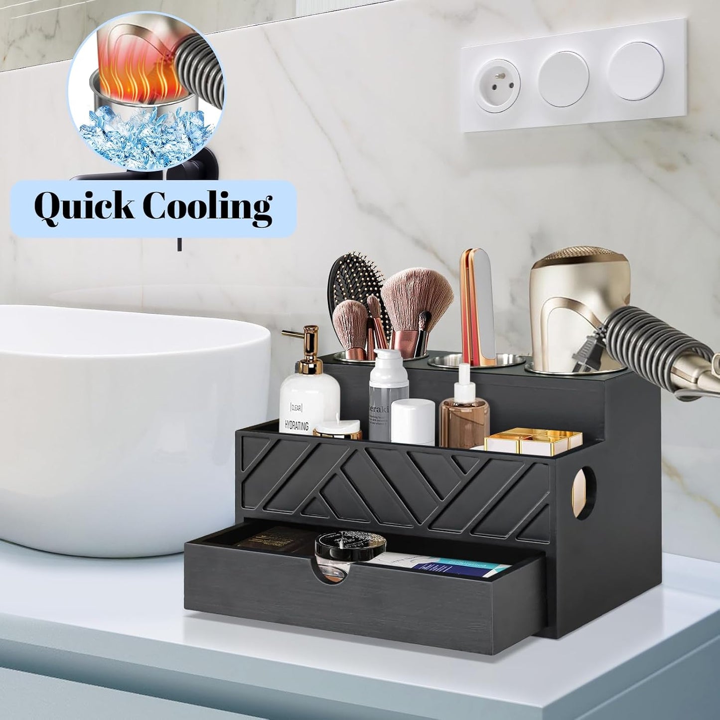 Hair Tool Organizer, Hair Dryer Holder with Drawer, Bathroom Countertop Organizer for Bathroom Accessories, Blow Dryer