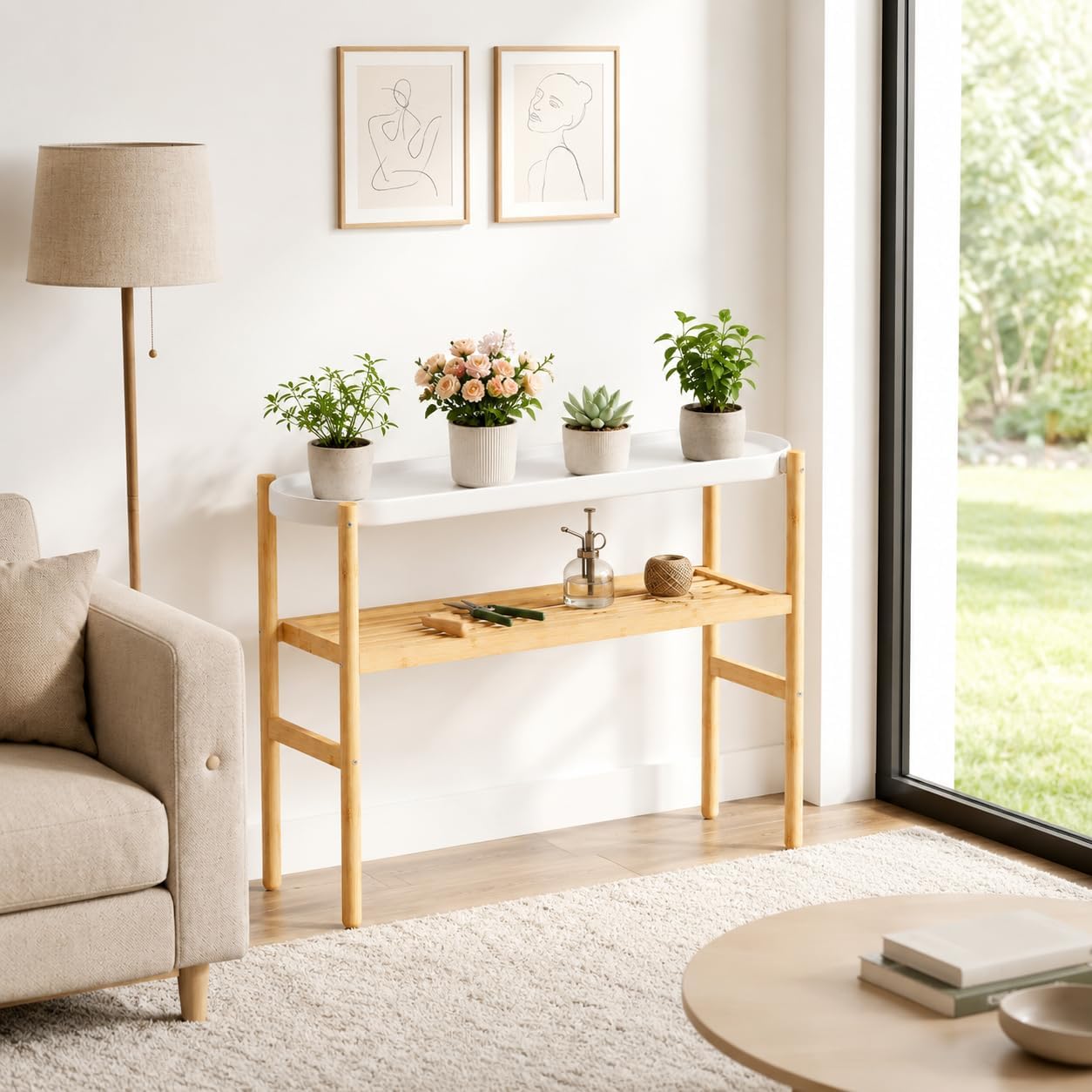 2 Tier Plant Stand Indoor, Tall Bamboo Corner Shelf for Multiple Plants | Narrow 2-Tier Display, Easy-Clean