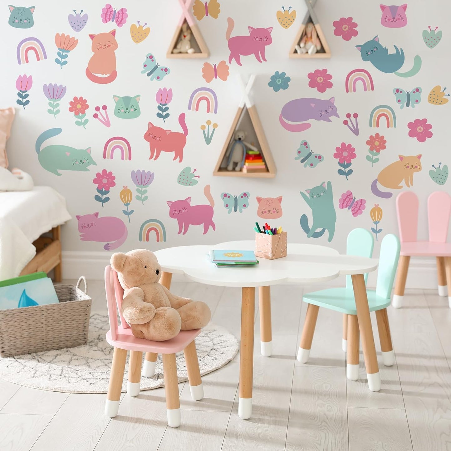 Cat Wall Decals / Colorful Pet Cat Butterfly Rainbow Decal
