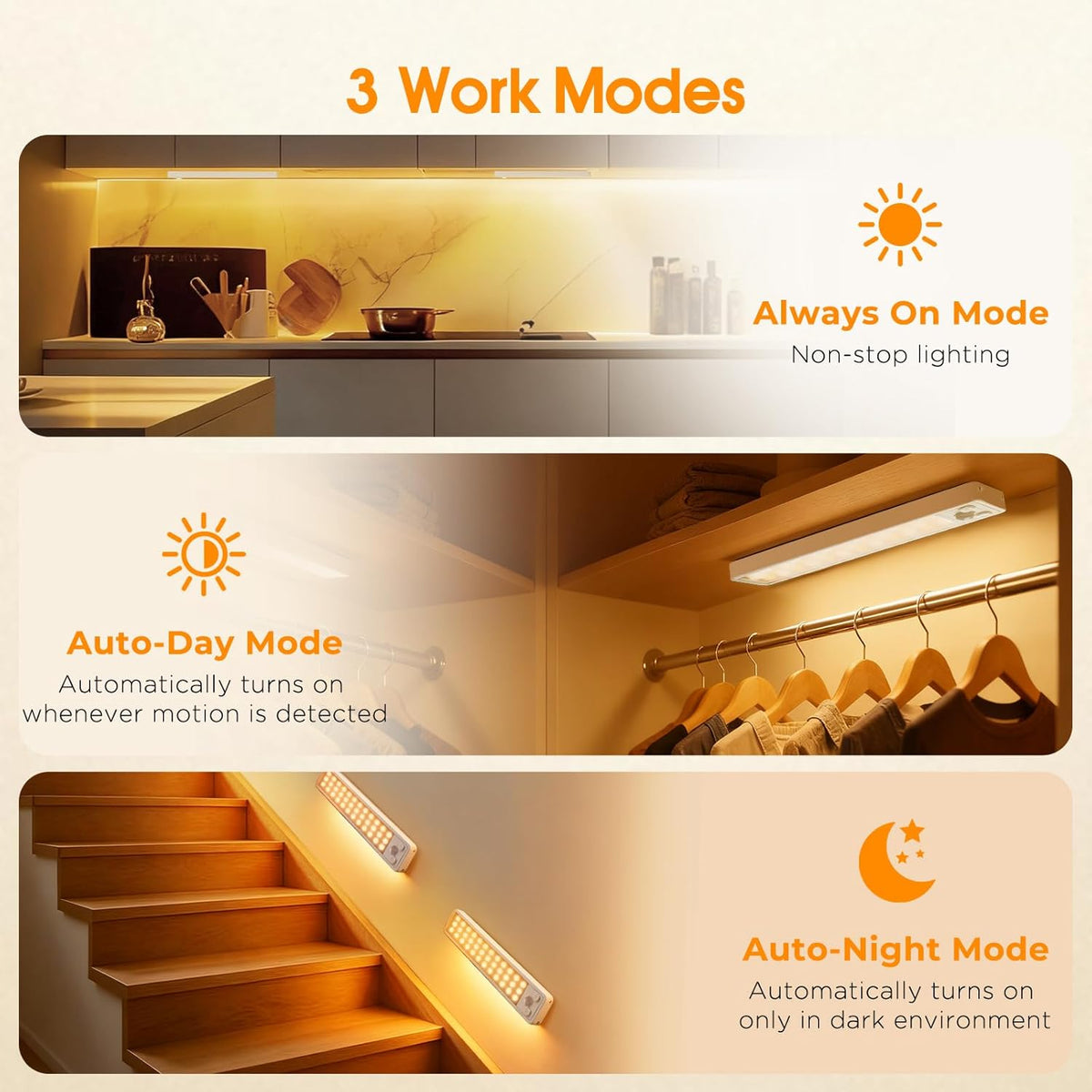Under Cabinet Rechargeable Dimmable Lighting: 3 Color Temperature Motion Sensor Lights Indoor - Battery Operated Lights