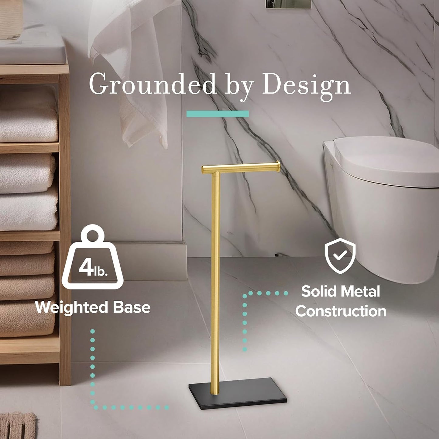 Gatco 1431MXB Modern Rectangle Base Freestanding Toilet Paper Holder, Matte Black/Brushed Brass, Weighted Base, 21.25"