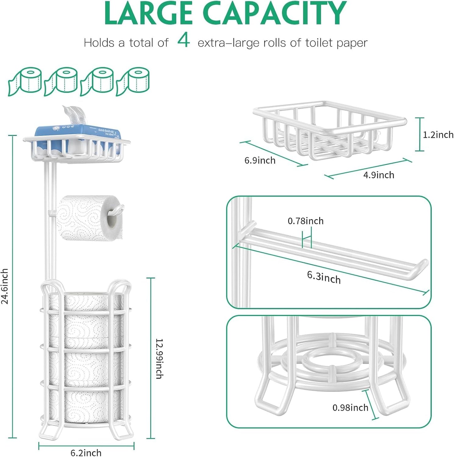 TomCare Toilet Paper Holder Free Standing with Shelf, Stable 4 Raised Feet | Stores 4 Mega Rolls, Tool-Free Assembly