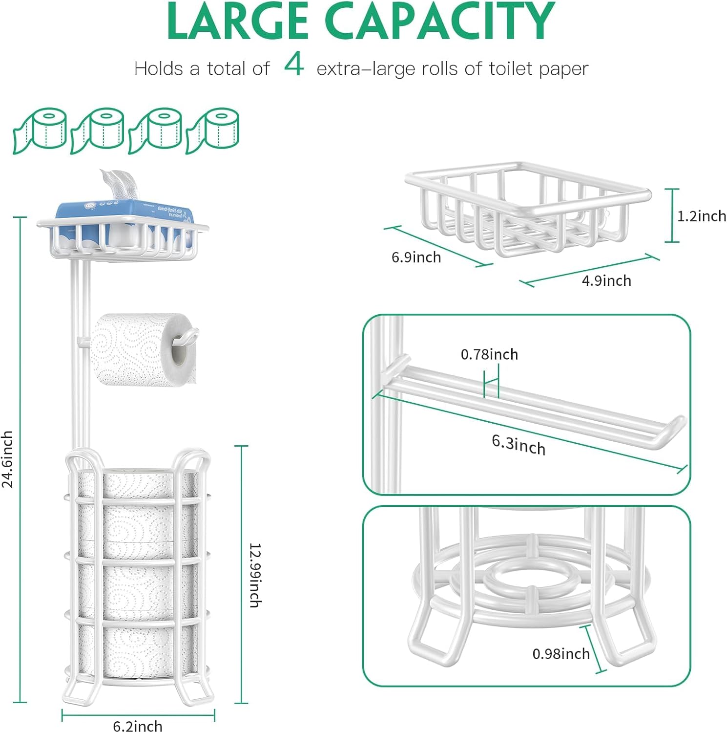 TomCare Toilet Paper Holder Free Standing with Shelf, Stable 4 Raised Feet | Stores 4 Mega Rolls, Tool-Free Assembly