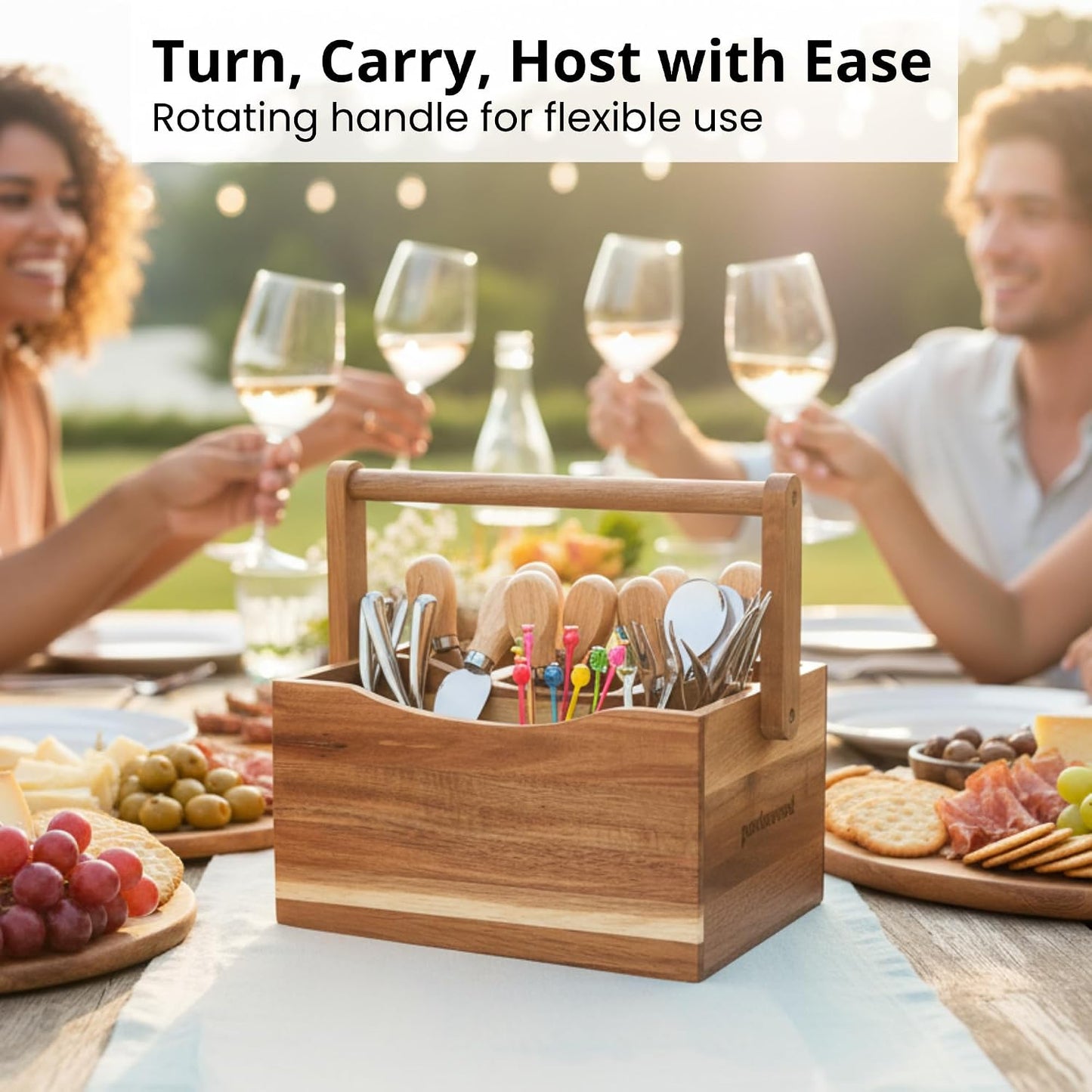 Utensil Caddy for Parties, Acacia Wood Silverware Holder for Countertop