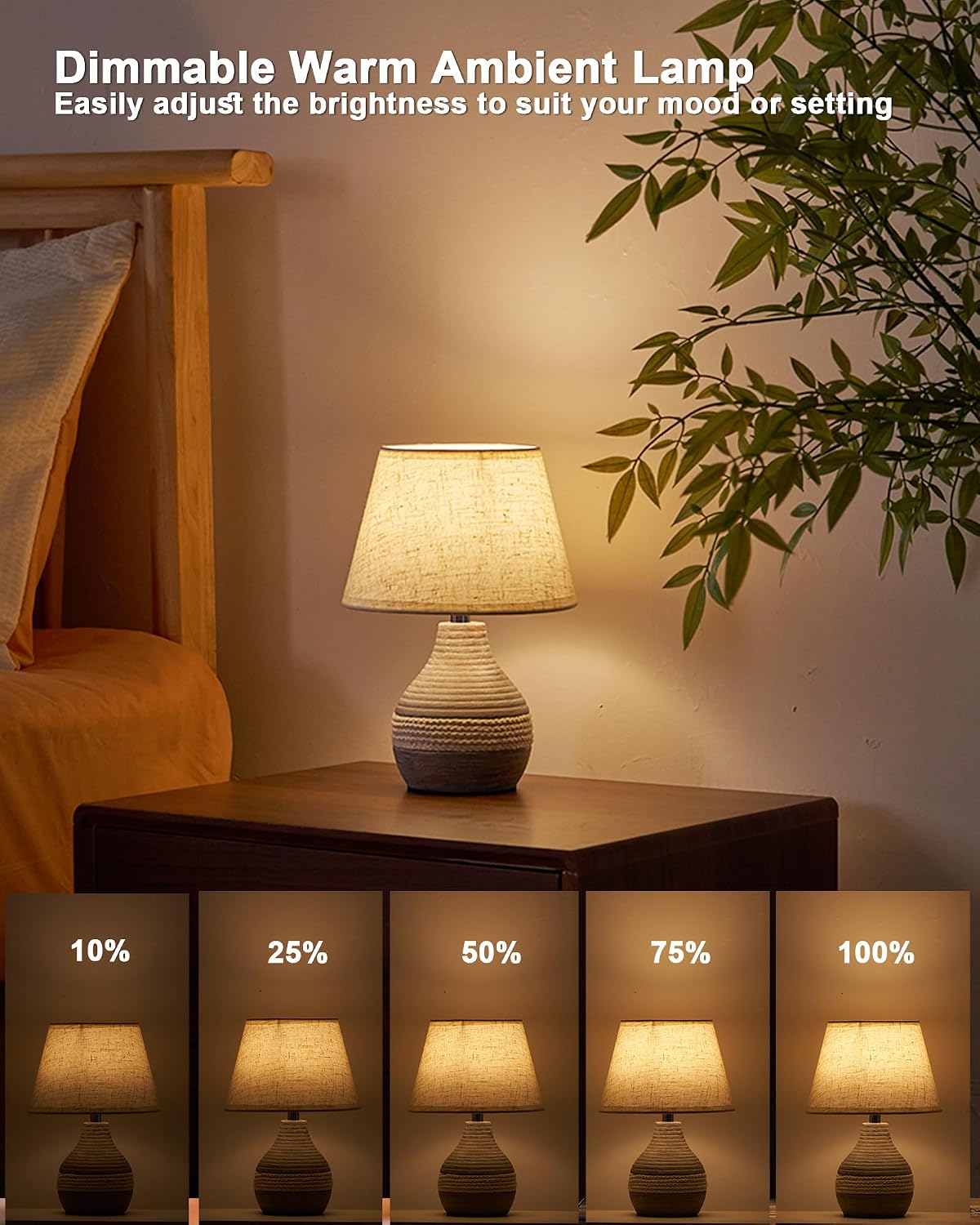 UMEXUS 10" Small Ceramic Cordless Table Lamp, Rechargeable Battery, Coastal | Timer, Dimmer, Linen Shade, Remote