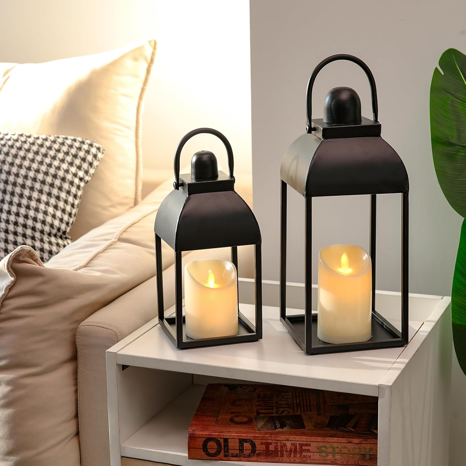 Lanterns Decorative Indoor 15" 11" Set of 2 Black Metal Lantern with Candle | Glass-free Decorative Lanterns with
