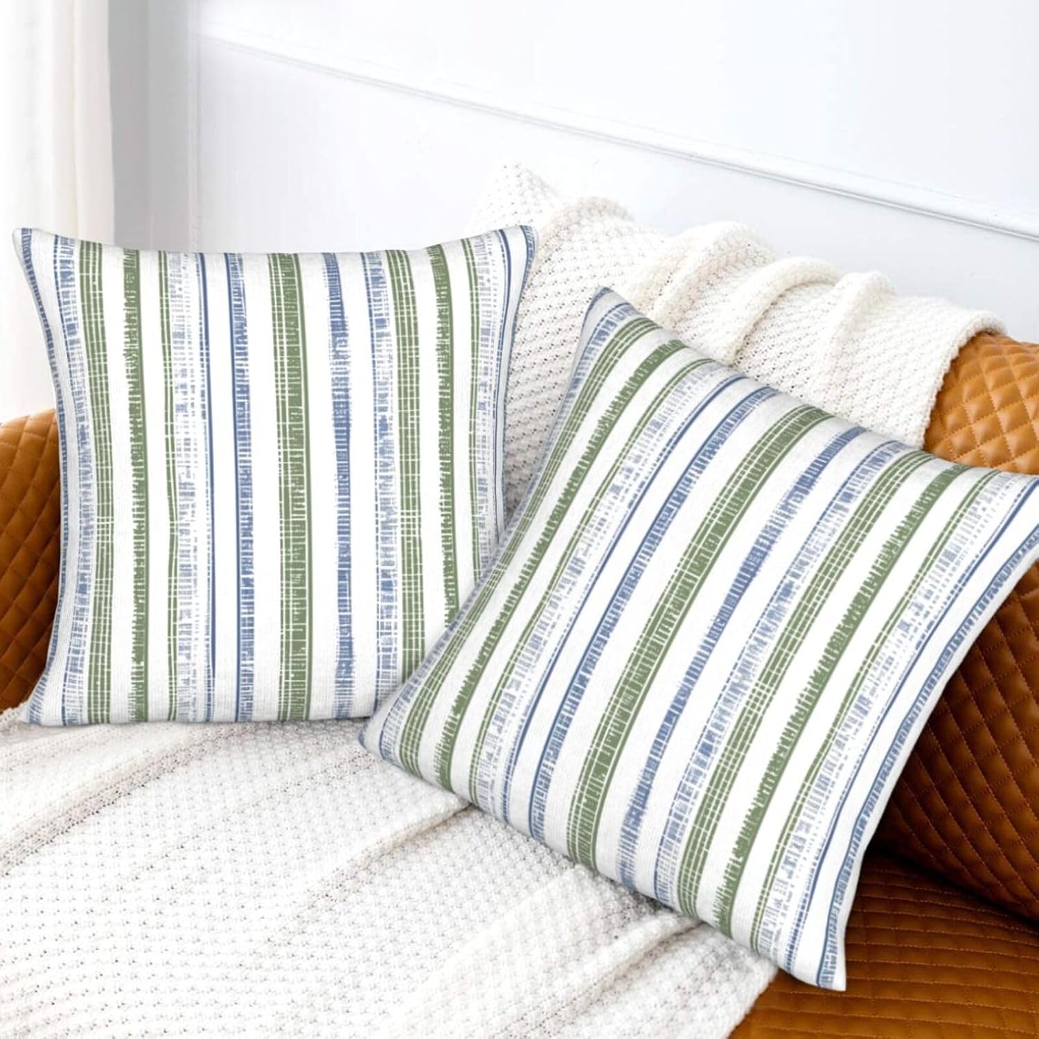 Boho Blue and Sage Green Striped Throw Pillow / 18 x 18 / Boho Blue Sage Green Striped / Set of 2