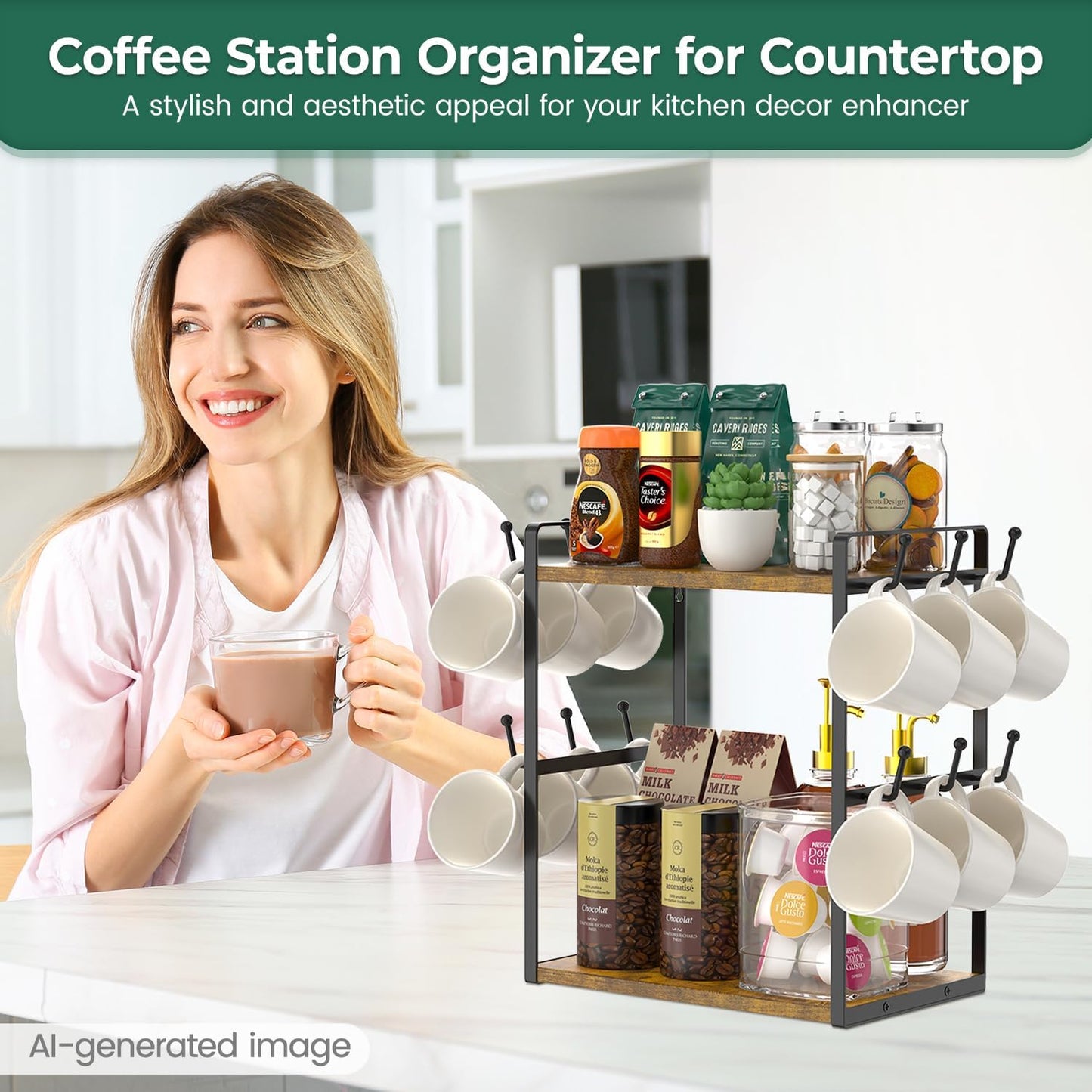 EsLuker.ly Coffee Station Bar Organizer Mug Holder Stand Countertop | 2 Tier Mug Cup Tree Rack for Kitchen Office