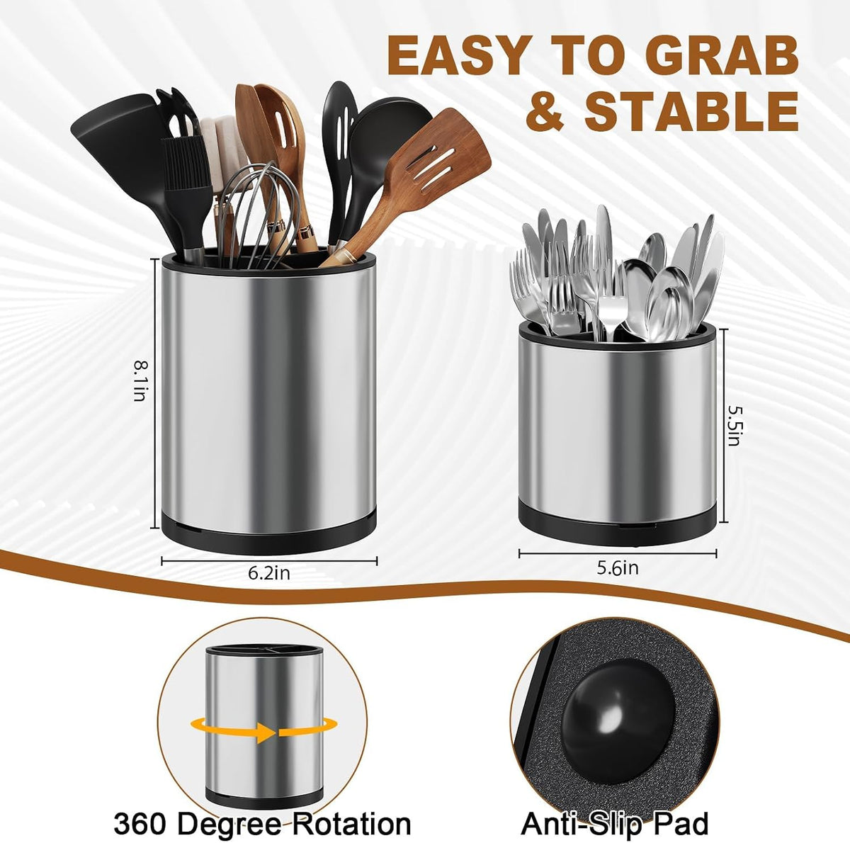 Extra Large Utensil Holder for Kitchen Counter, 360°Rotating Cooking Utensils Holder for Countertop, Stainless Steel