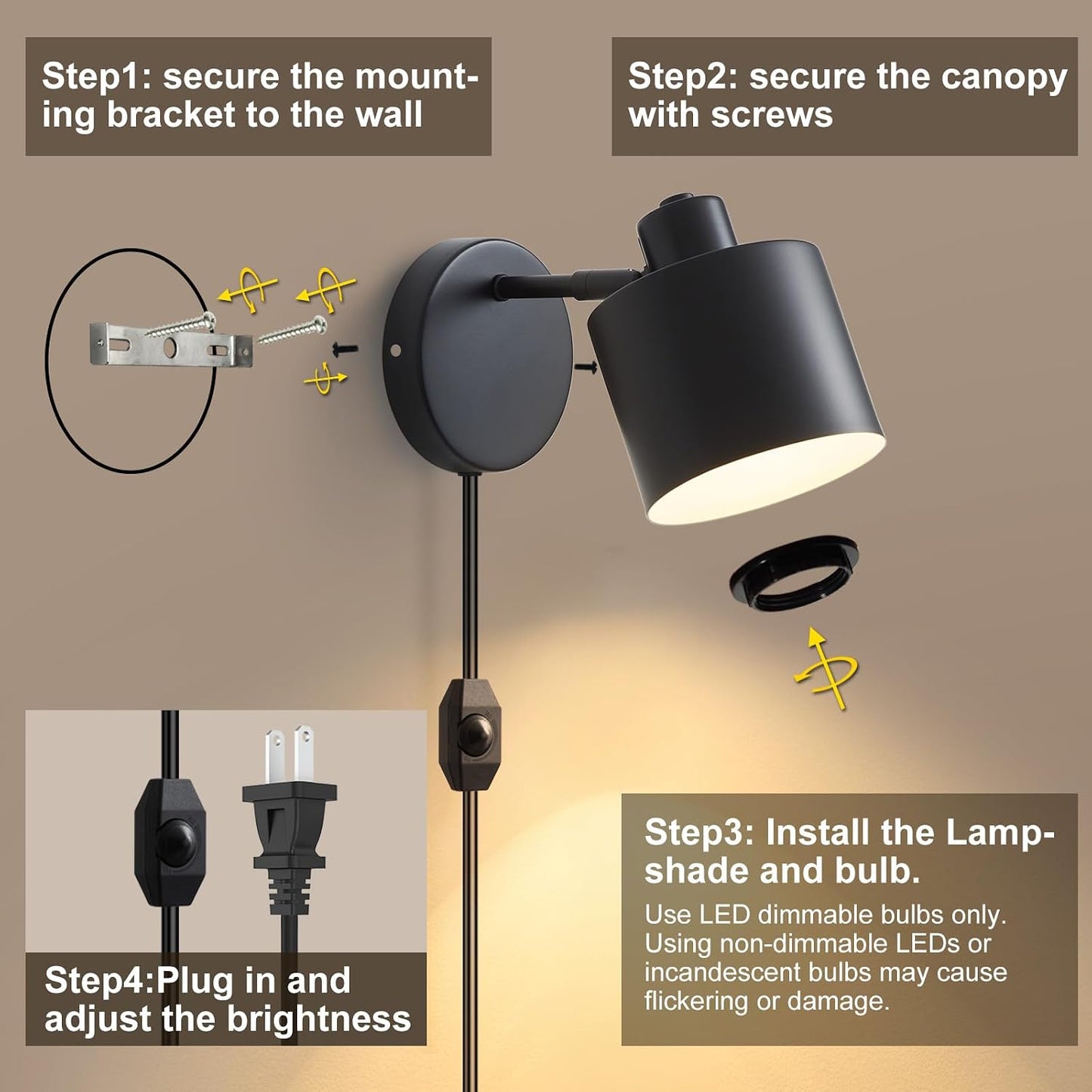 Lightess Black Plug in Wall Sconces Set of 2 Dimmable Corded with Switch | 350° Rotatable Lamp Head, Dimmable Corded