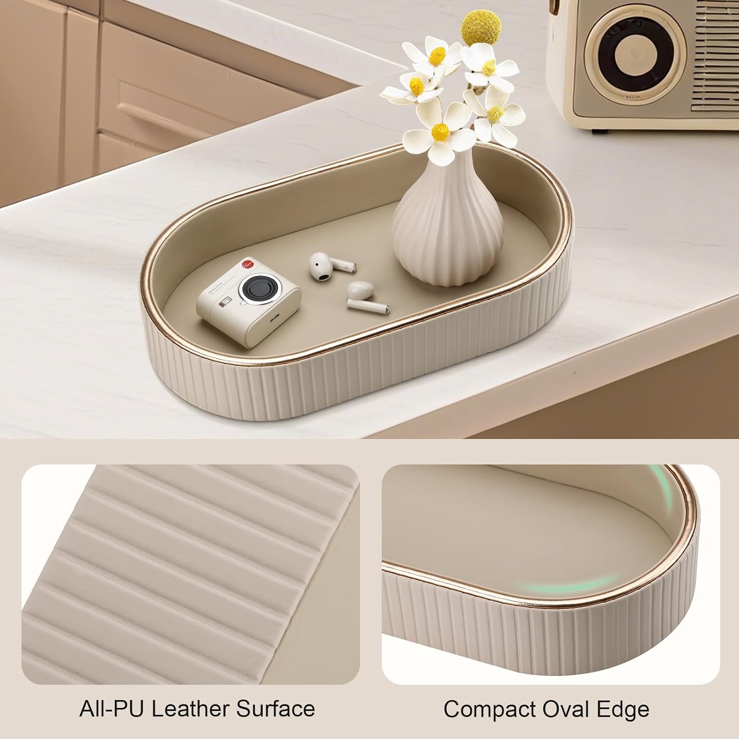 PU Leather Perfume Tray Nightstand Organizer / Beige