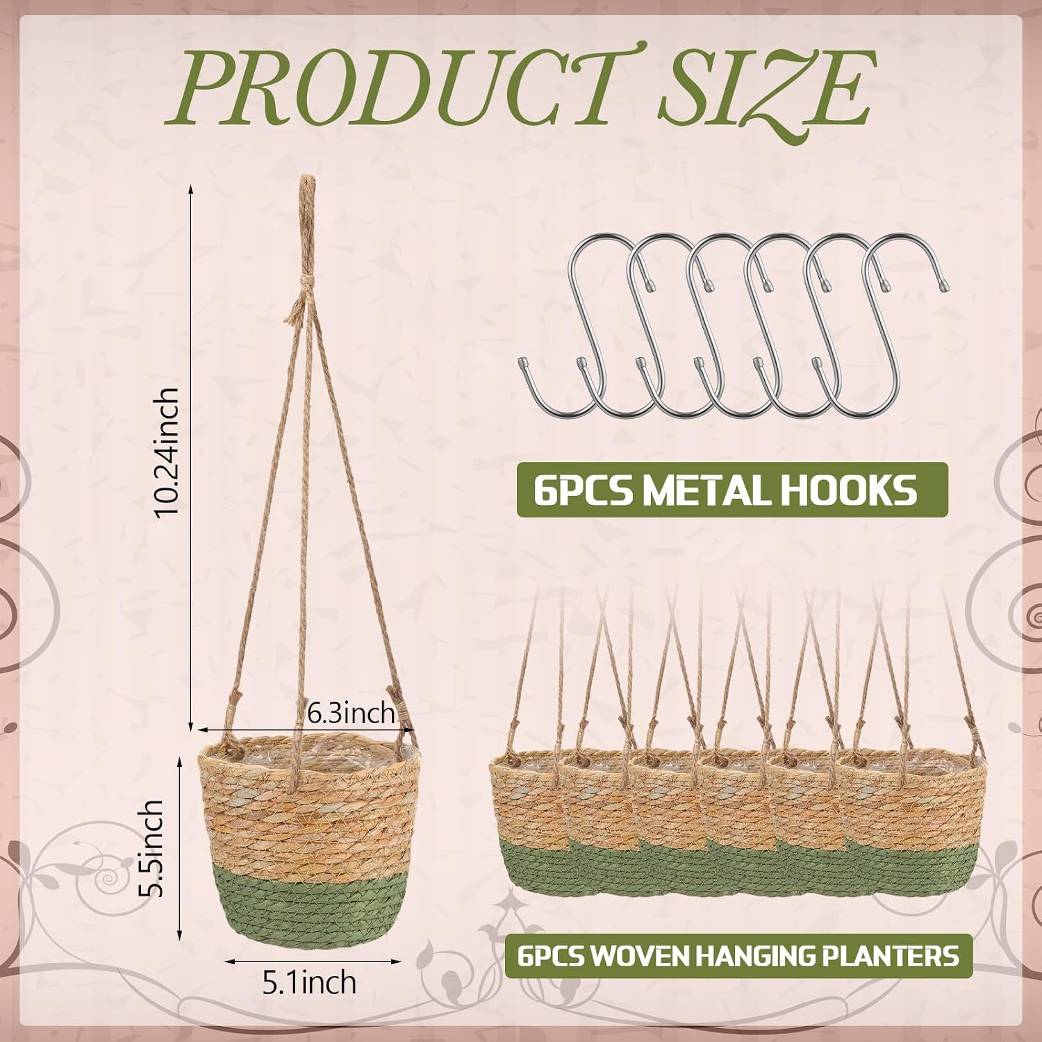 Seagrass Hanging Planter Basket Hand Woven Plant Basket / Brown, Green / Small / Set of 6
