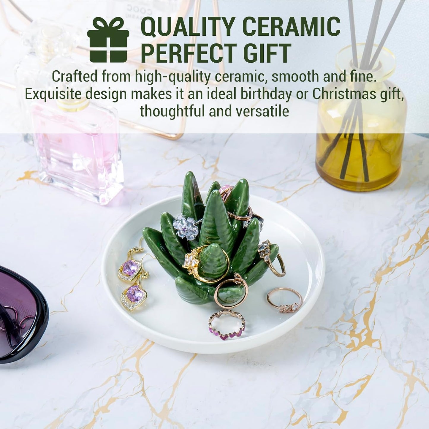 Decorative Ceramic Ring Tray for Jewelry / Ceramic Aloe / White