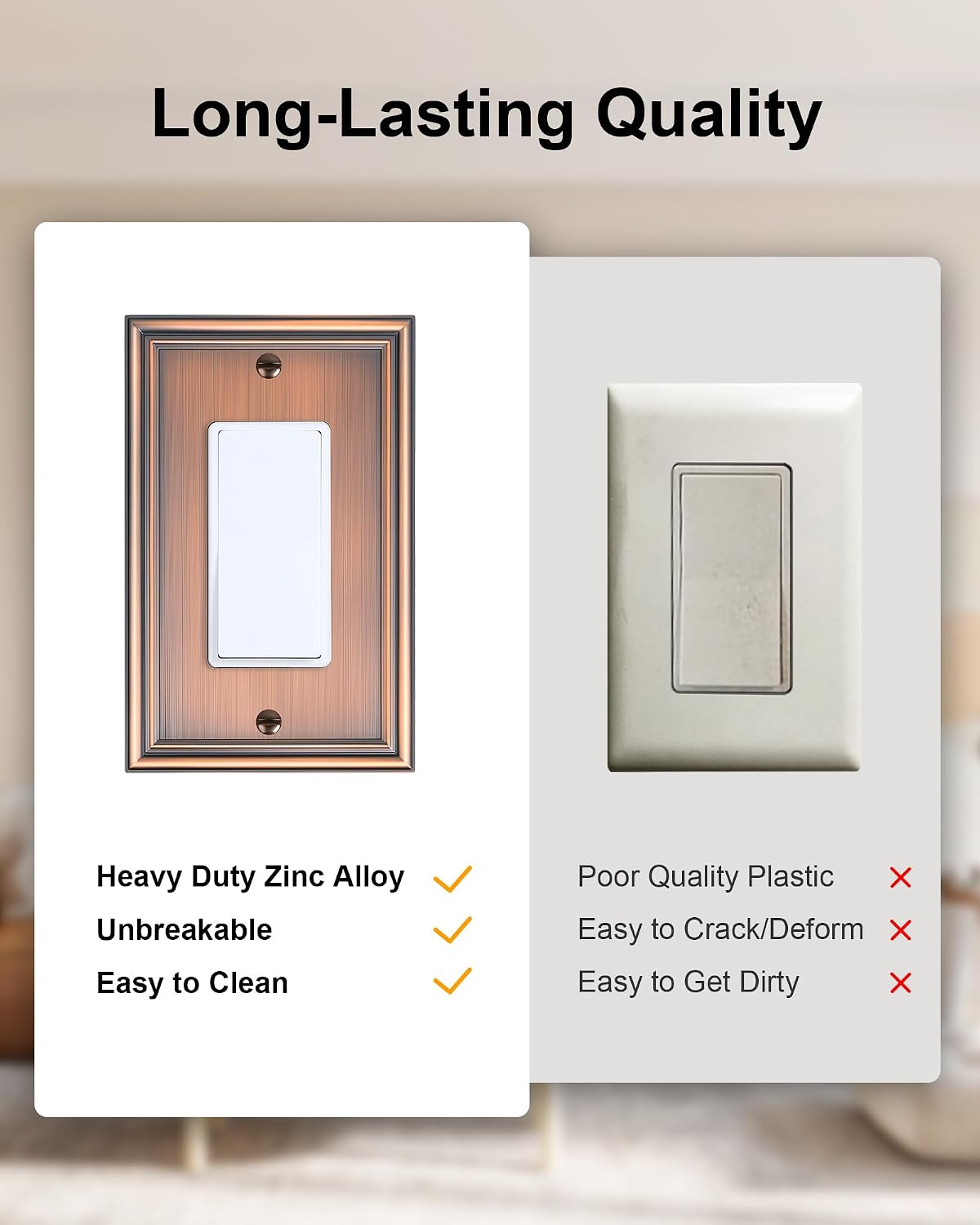 6-Pack Zinc Alloy Decorator Outlet Cover Plate, Solid Receptacle Cover | Decorative Switch Plates and Outlet Covers