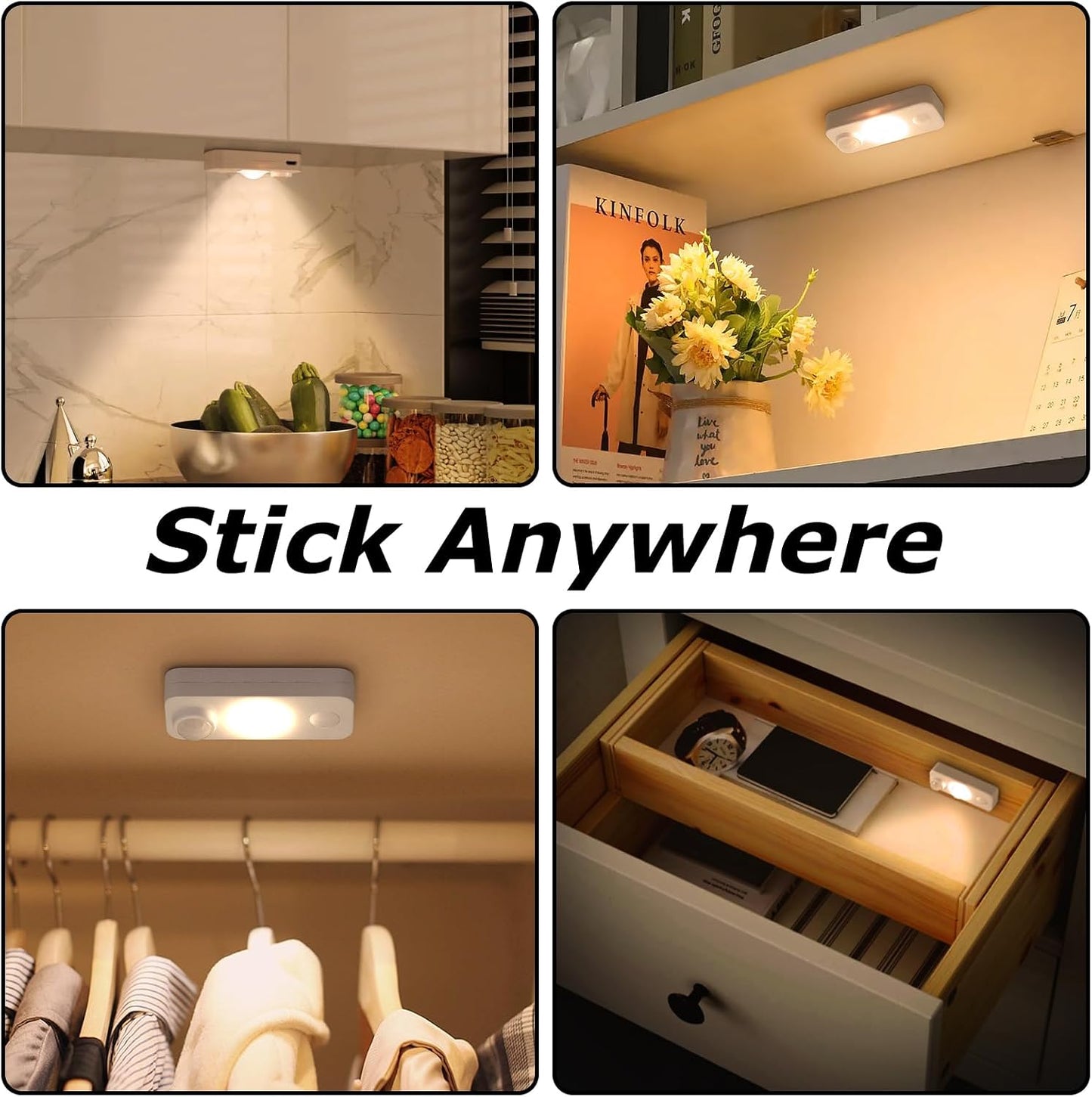 8 Pack LED Motion Sensor Puck Lights, Rechargeable Cabinet Lights, Wireless Under Cabinet Lighting, Dimmable Stick On