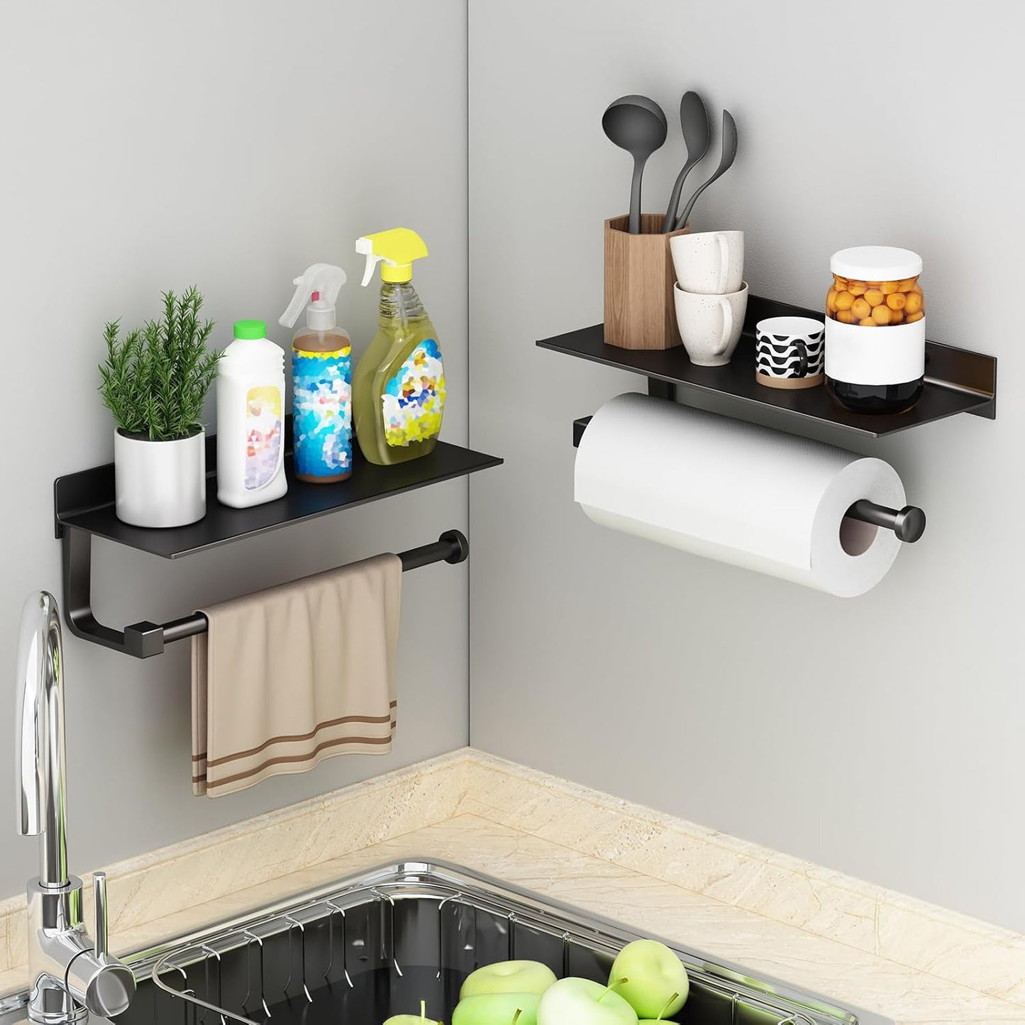 Wall Mount Paper Towel Holder with Shelf for Bathroom/Kitchen, Adhesive Hand Towel Holder, Matte Black