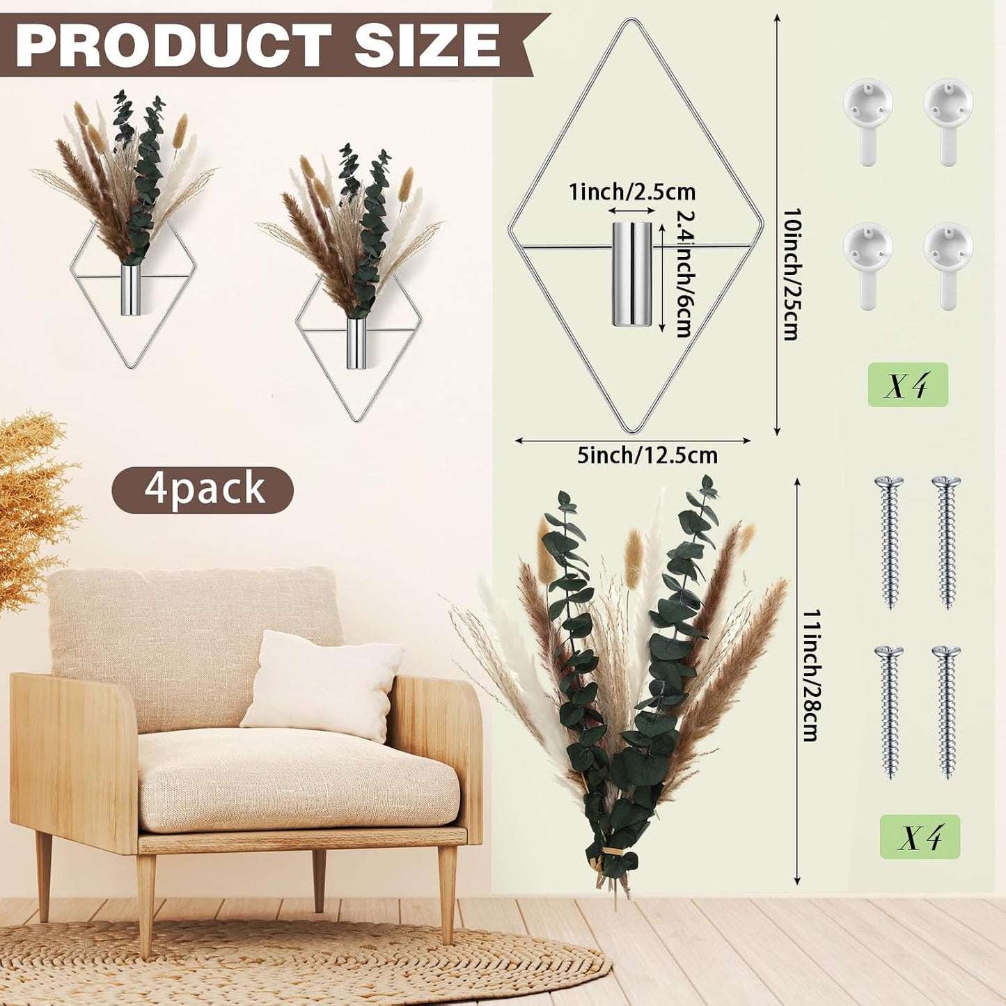 Artificial Metal Hanging Vase Indoor Plants Holder Modern / Chrome Silver / Pampas / Set of 4