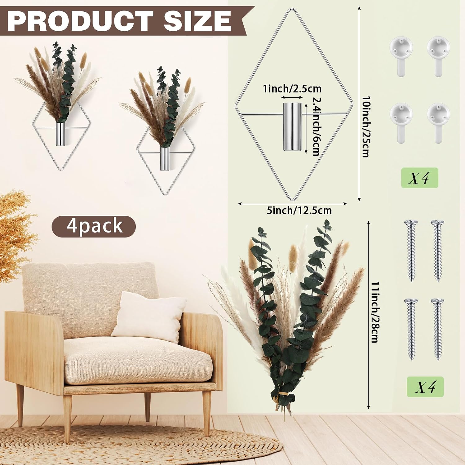 Artificial Metal Hanging Vase Indoor Plants Holder Modern / Chrome Silver / Pampas / Set of 4