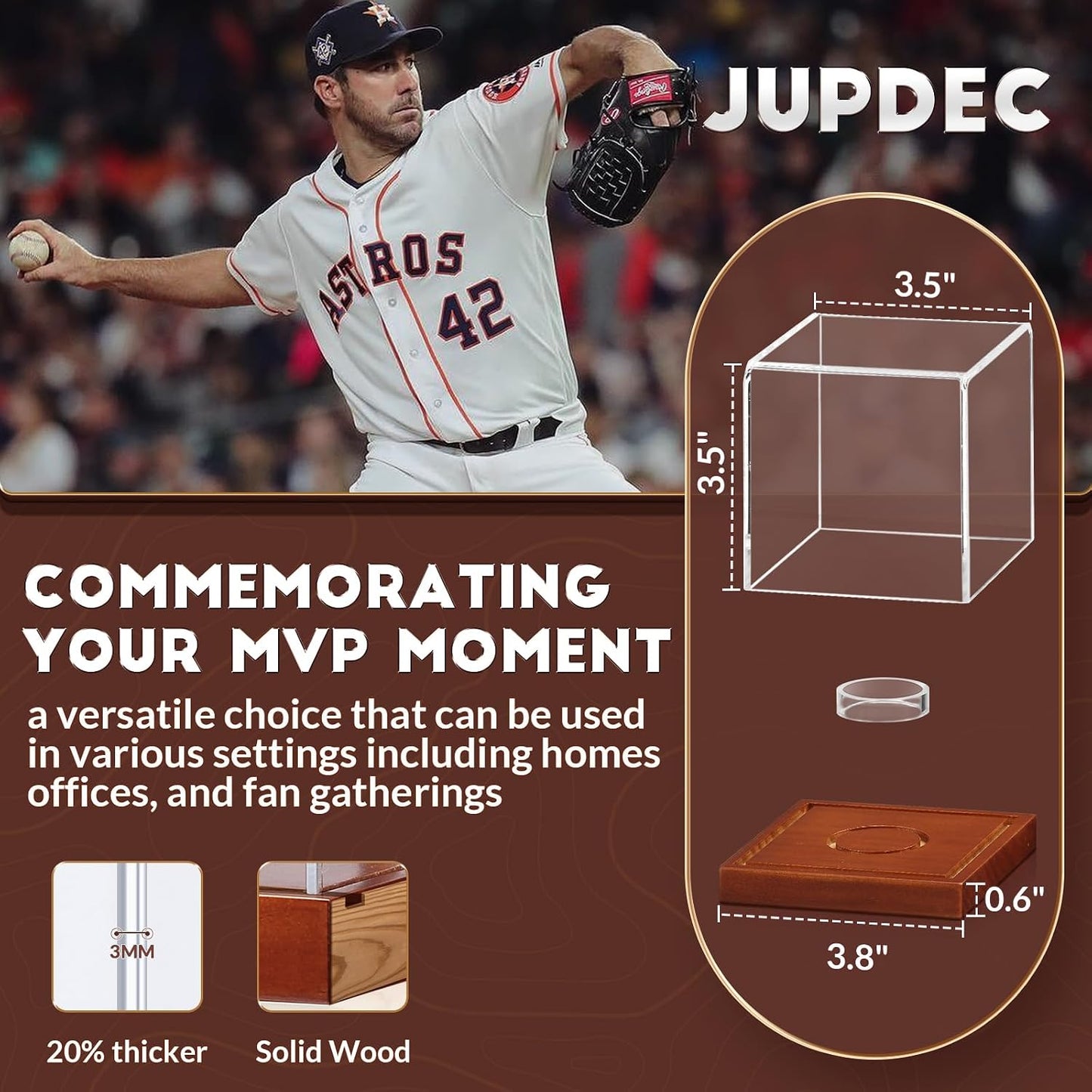 Baseball Display Case, Clear Cube Baseball Holder with Wooden Base, Autograph Baseball Stand Box for Single Ball