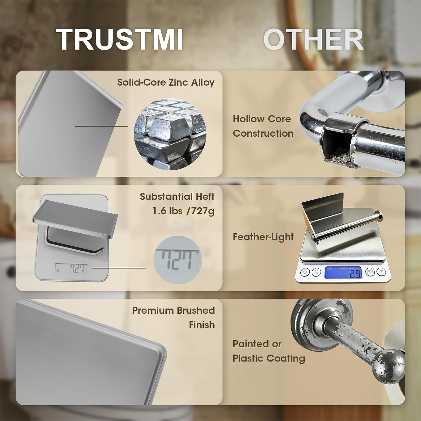 TRUSTMI Toilet Paper Holder with Shelf & Phone Stand, Brushed Nickel | Solid zinc alloy holder holds 15 lbs and fits