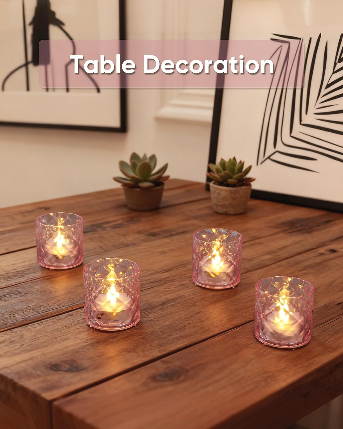 Homemory 2" Pink Acrylic Flameless LED Votive Candles, 6 H Timer, 12 Pack | 6h auto timer, flicker Warm White glow
