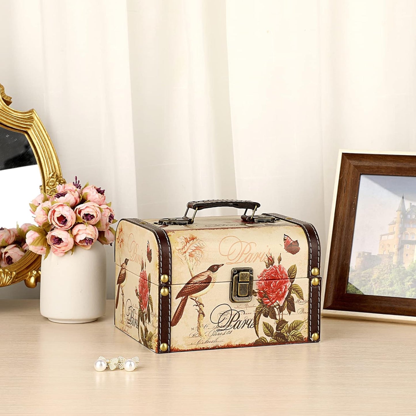 Wooden + PU Leather Storage Box for Jewelry Trinkets / Bird + Flower Pattern