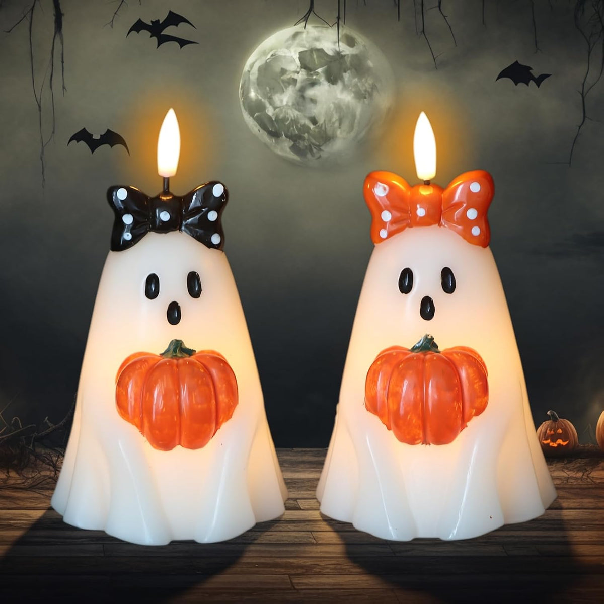 Halloween Ghost Flameless Candles with 6H Timer Hand-Painted Bows