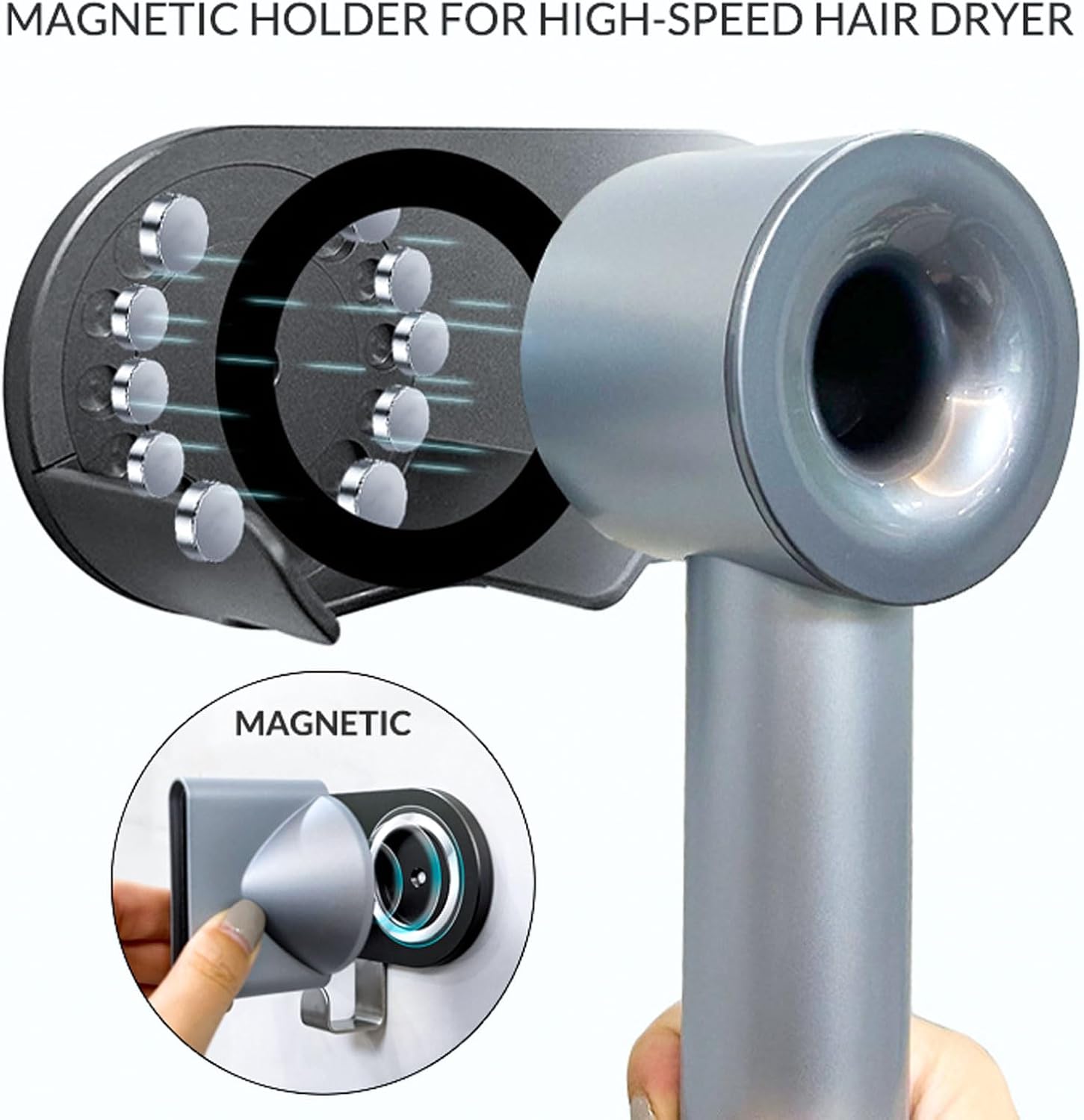 Magnetic Hair Dryer Holder Wall Mount for Most High Speed Blow Dryer | 7075 super-hard aviation aluminum alloy, white
