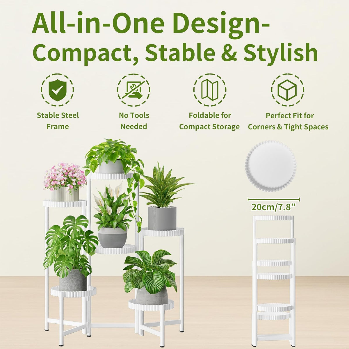 6 Tier Large Plant Stand Indoor with 7.9 Inch Wide Tray, Tiered Corner Metal Outdoor Flower Display Holder Shelf