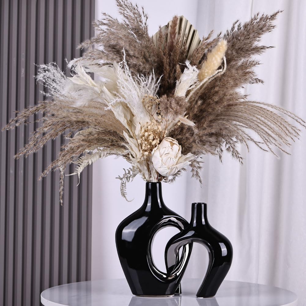 Hollow Ceramic Vase / Black and Silver / Set of 2