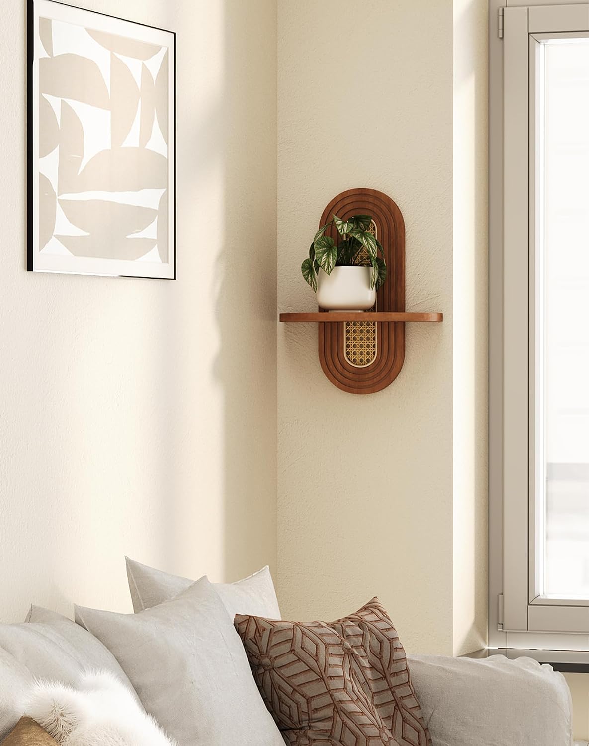 Floating Shelves / Rattan Plant Shelf / Walnut / Set of 2