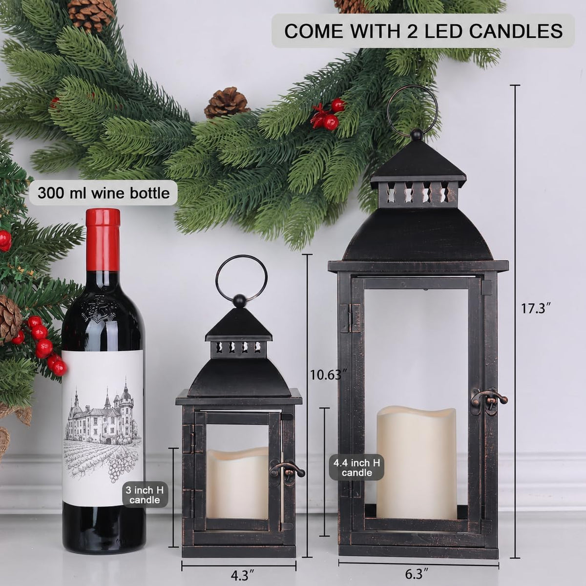 LED Lanterns Decorative Outdoor&Indoor, Set of 2 (17’’&11’’) Large Black Metal Lantern Decor with bronze brush, Candle