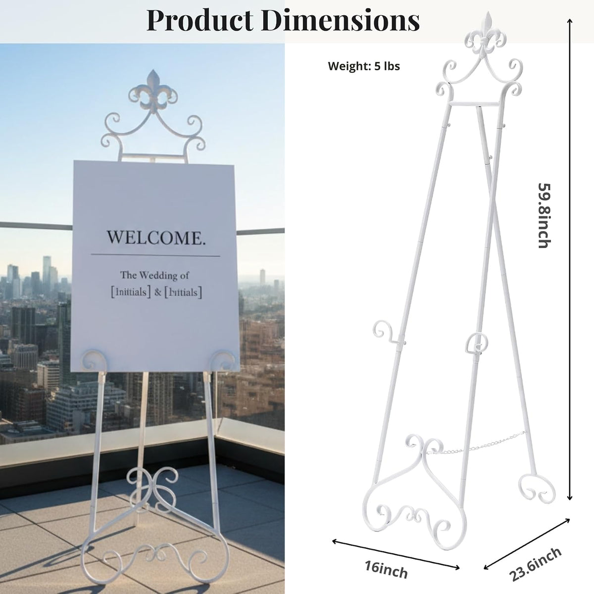 60” H White Easel Stand for Sign Metal Adjustable | Large Display Standing Heavy Duty for Displaying Pictures Wedding