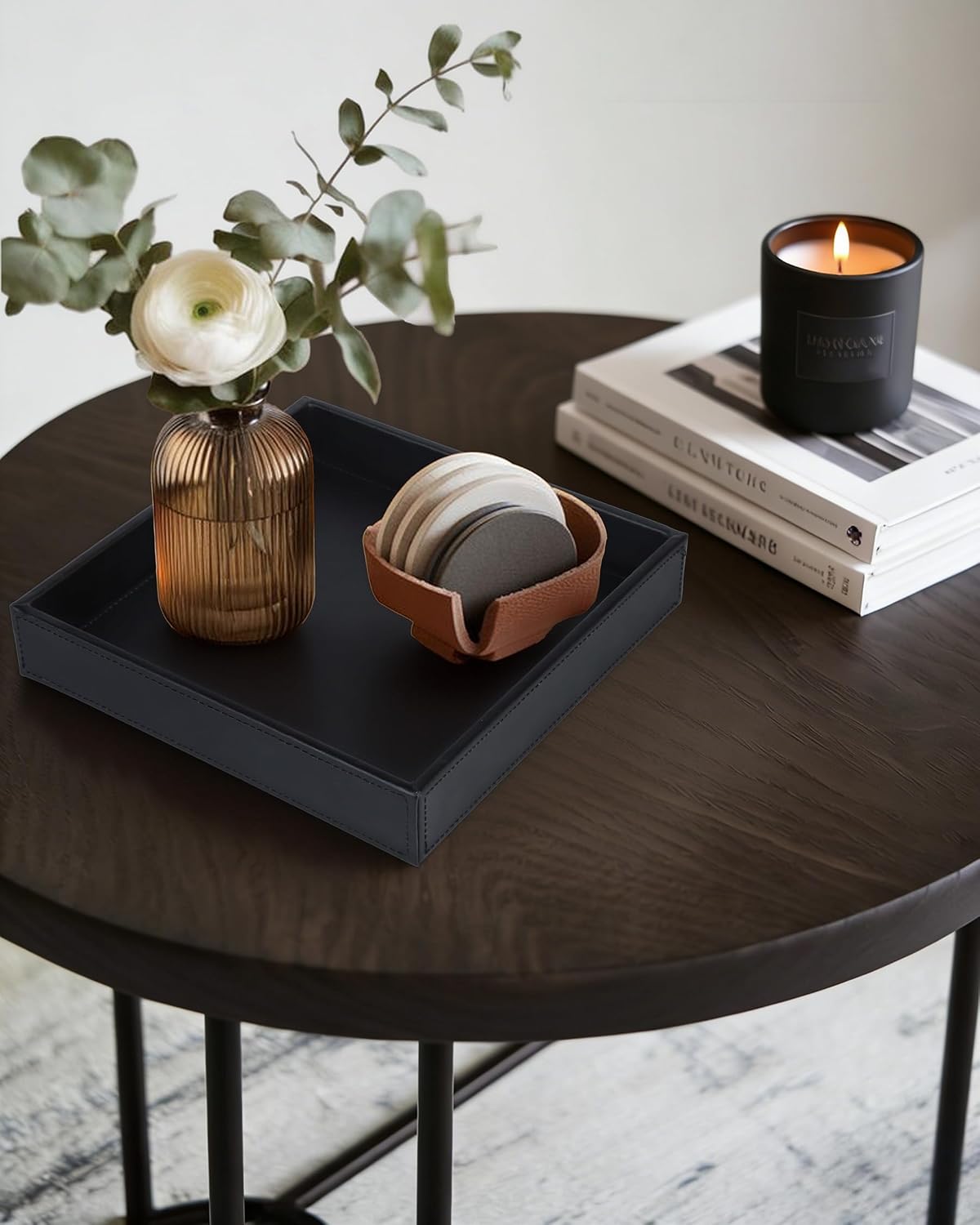 Faux Leather Vanity Tray / Black / 10 x 10 x 1.8